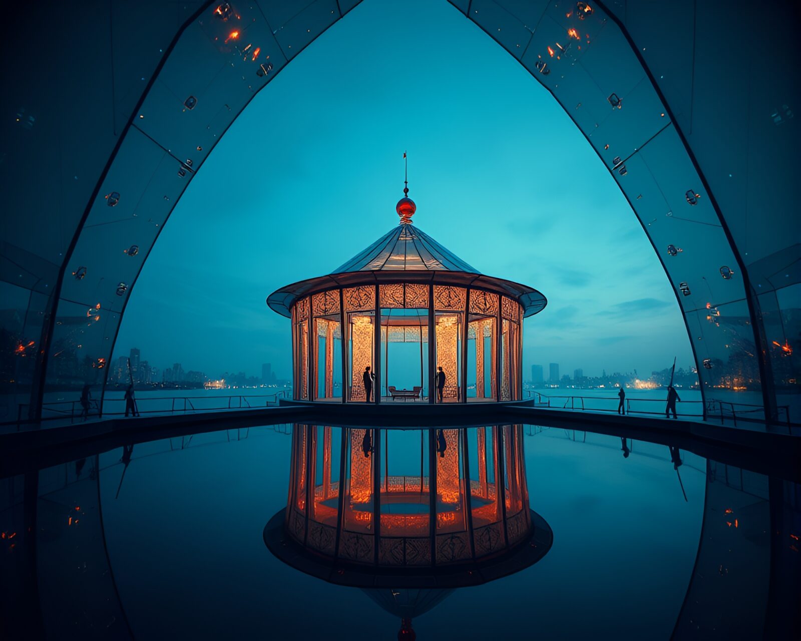 Architectural composition of a fantastical floating structure with colorful lights