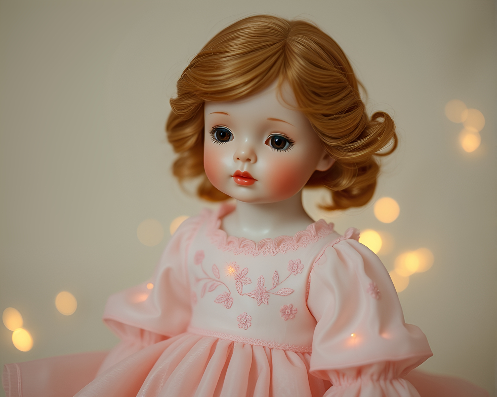 Blush Pink Porcelain Doll with Sparkler Trails – free AI stock image