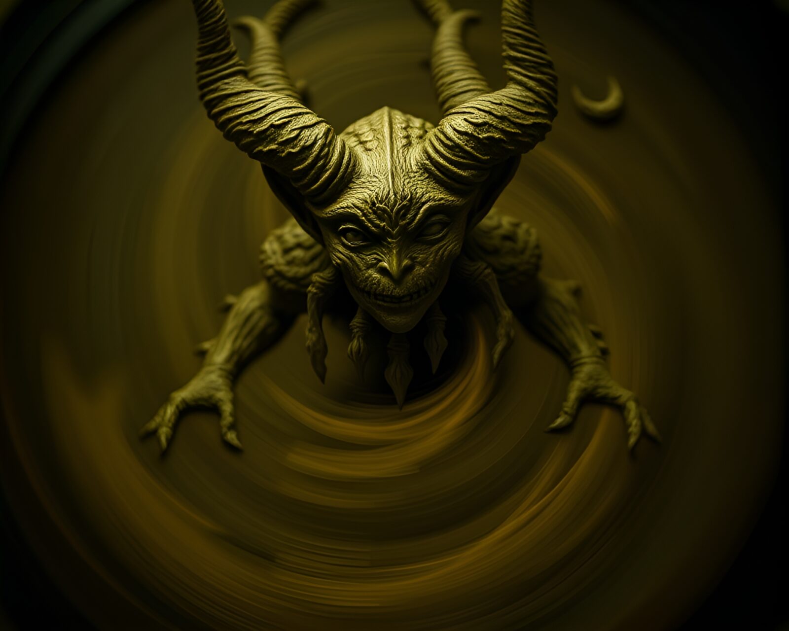 Olive Drab-toned Djinn enveloped in lens distortion swirl