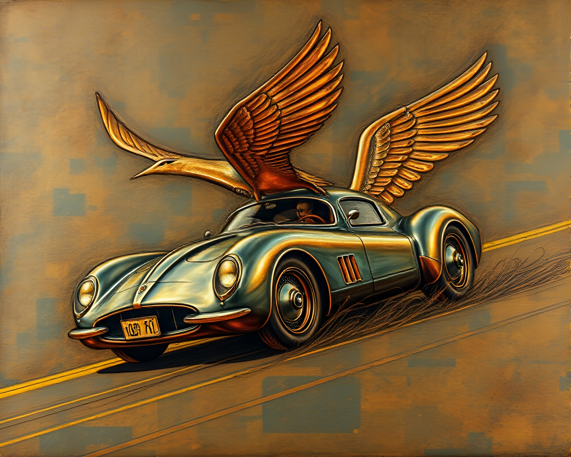 Surreal Flying Car in Bronze Patina Etching – free AI stock image