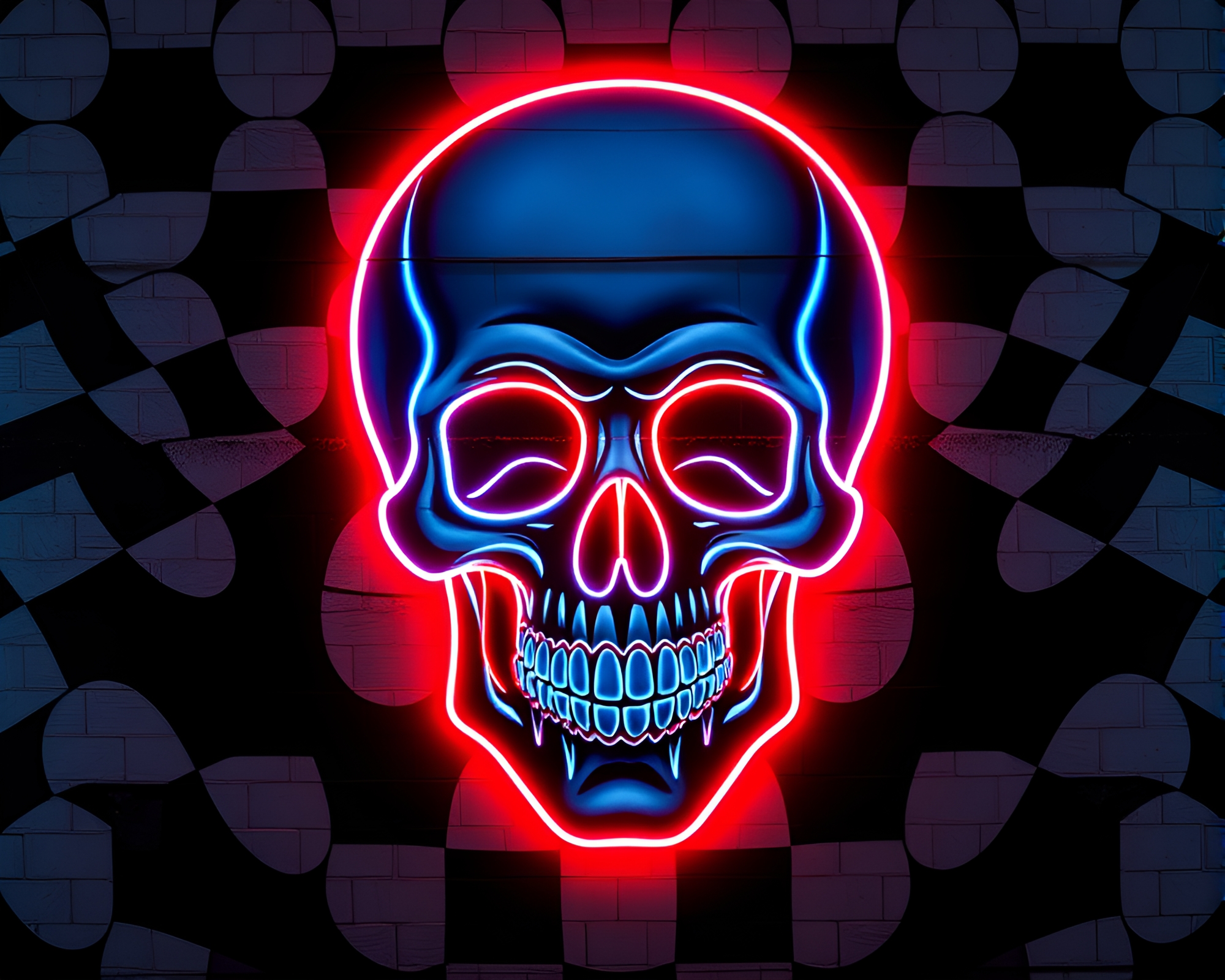 Neon Glow Crystal Skull Checkered Mural Art – free AI stock image