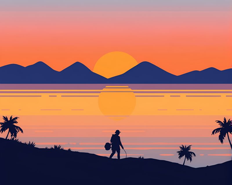 Vaporwave Sunset Silhouette Stitched Pattern Illustration – free AI stock image