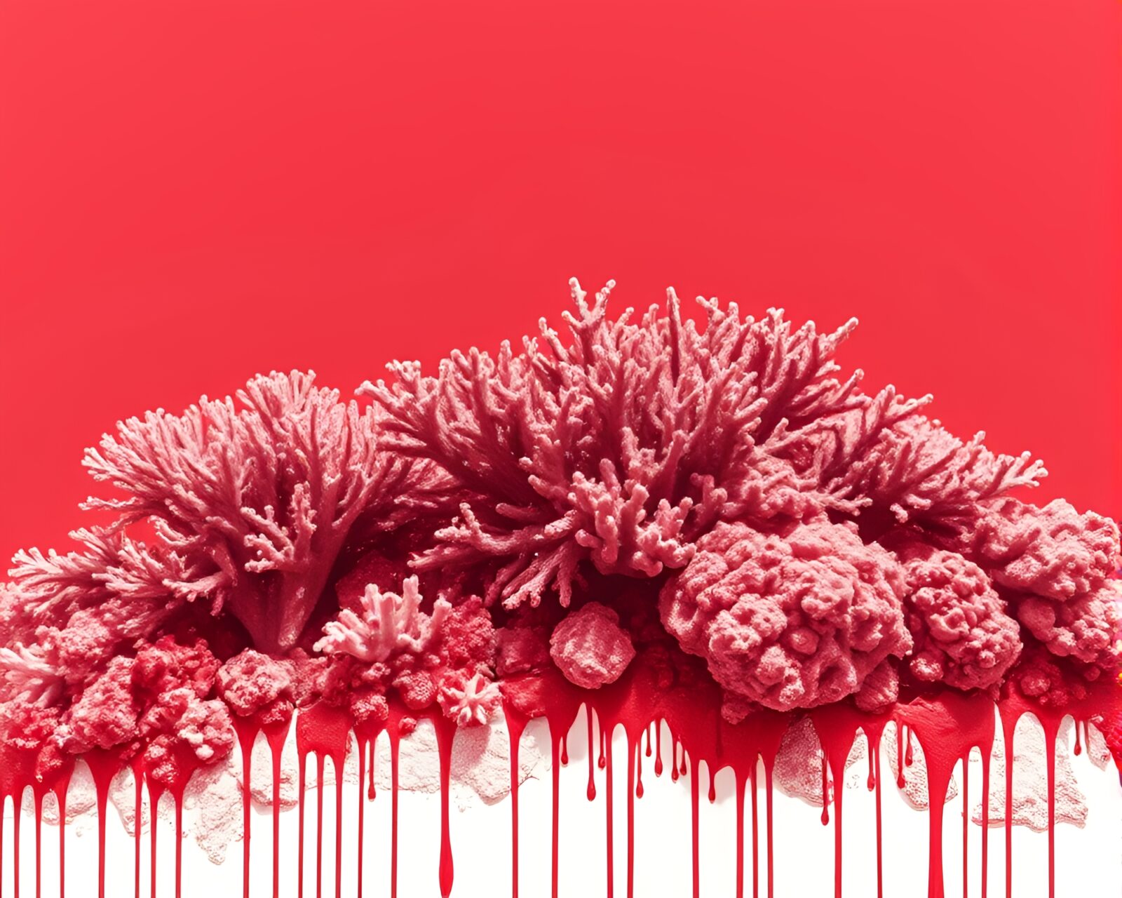 Double exposure of underwater coral reef in red tones