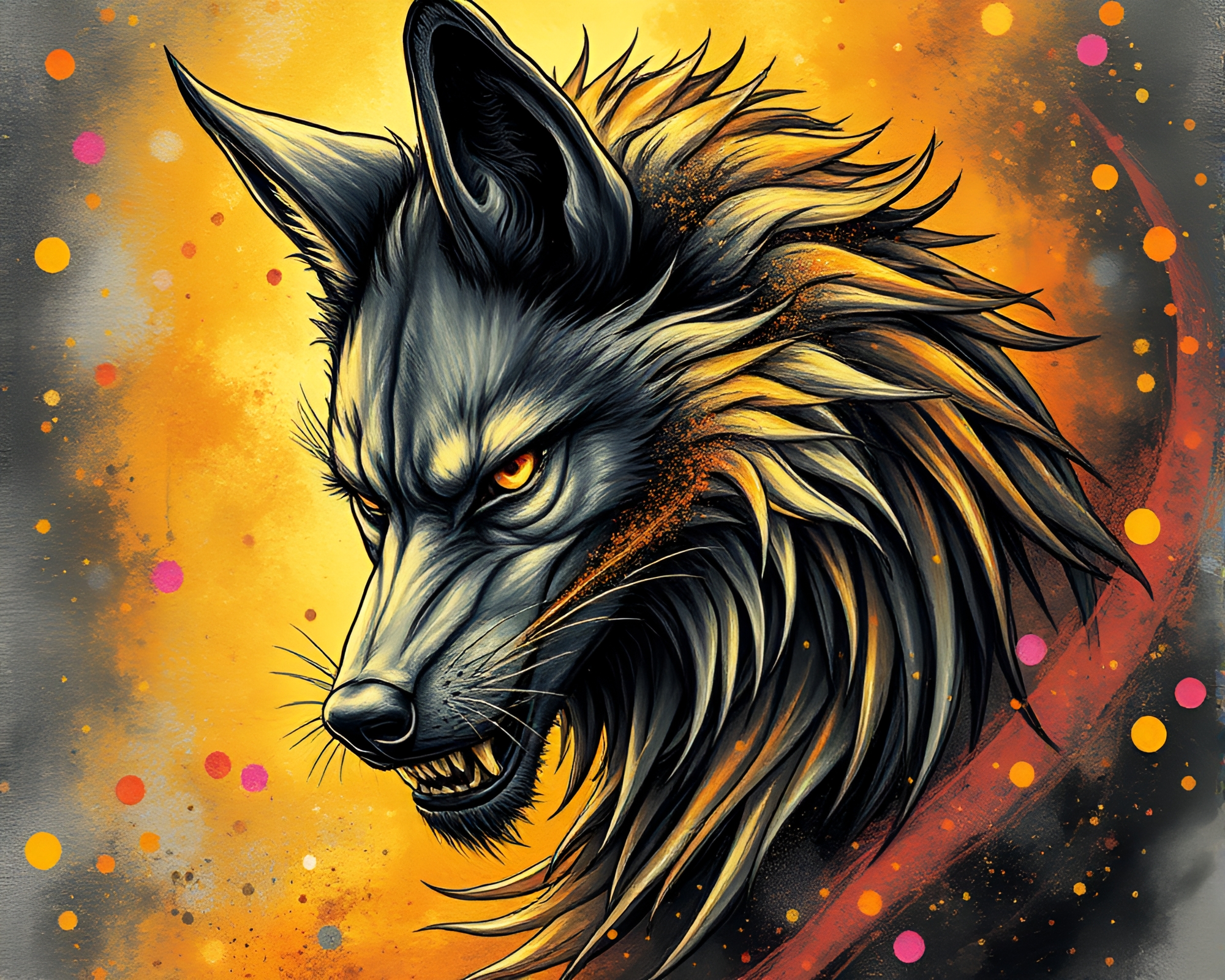Golden Spiral Werewolf Burst with Crosshatch Shading – free AI stock image