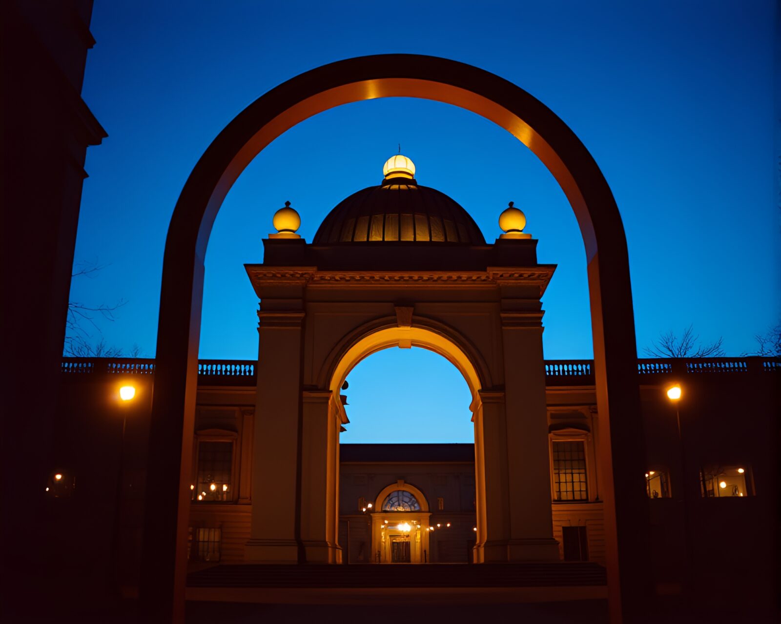 Helmet framed by twilight blue hour architecture with retro film grain