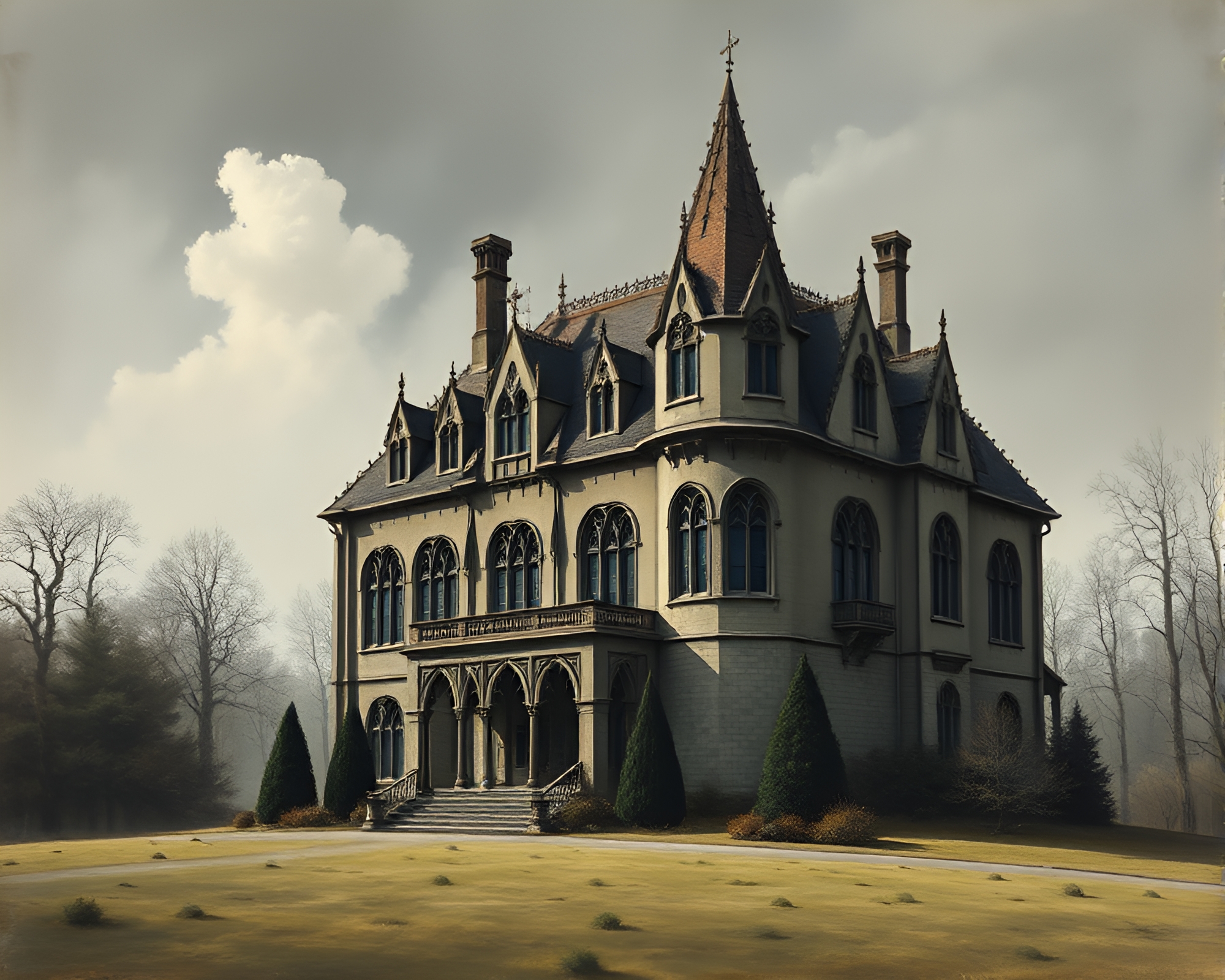 Ethereal Neo-Gothic Mansion Portrait – free AI stock image