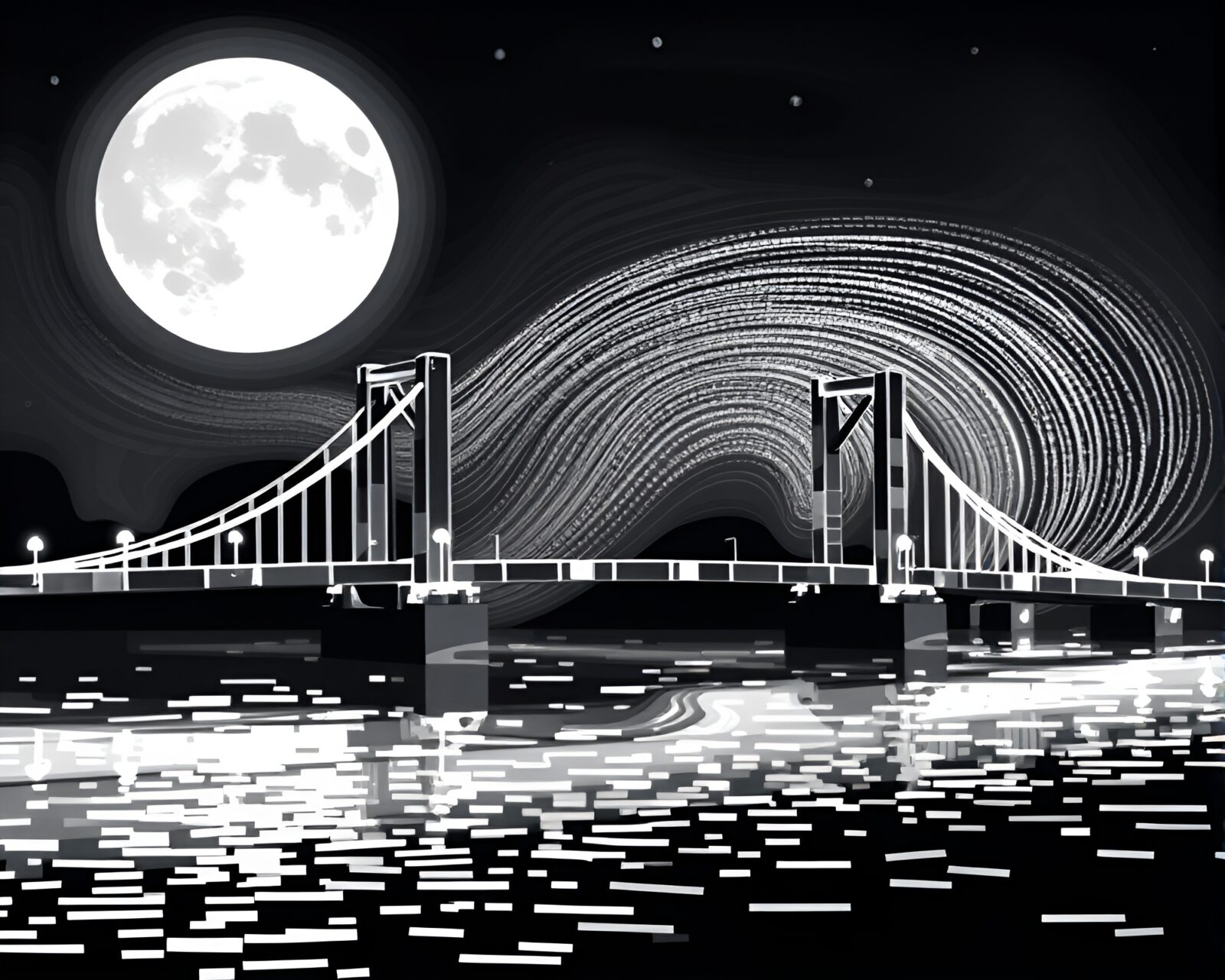 Fingerprint swirls on a glass bridge in grayscale voxel art