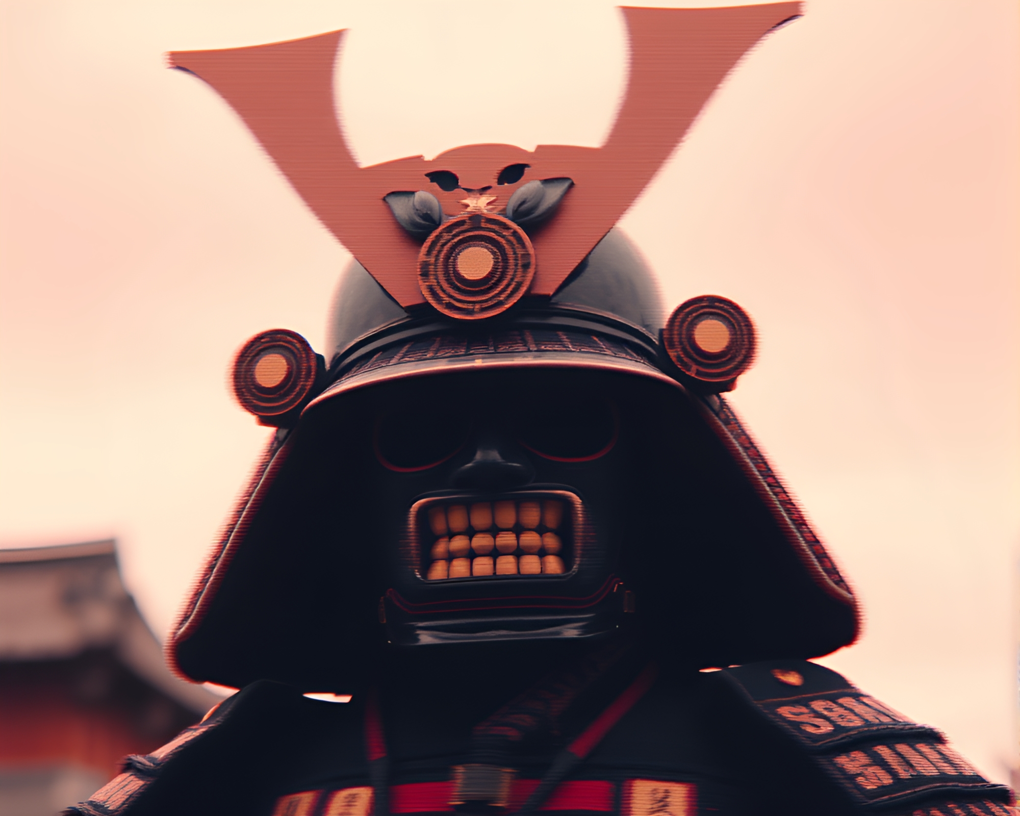 Samurai Helmet Glitch Art in Blush Pink Softness – free AI stock image