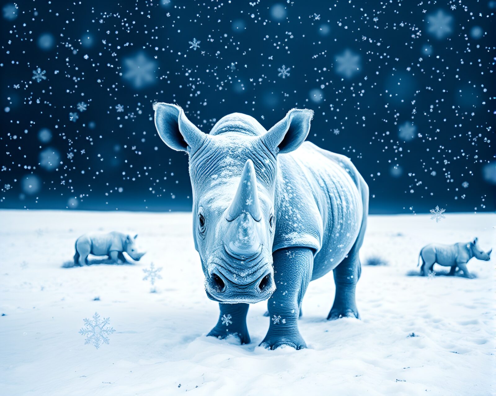 3D stereoscopic image of a snowflake patterned rhinoceros