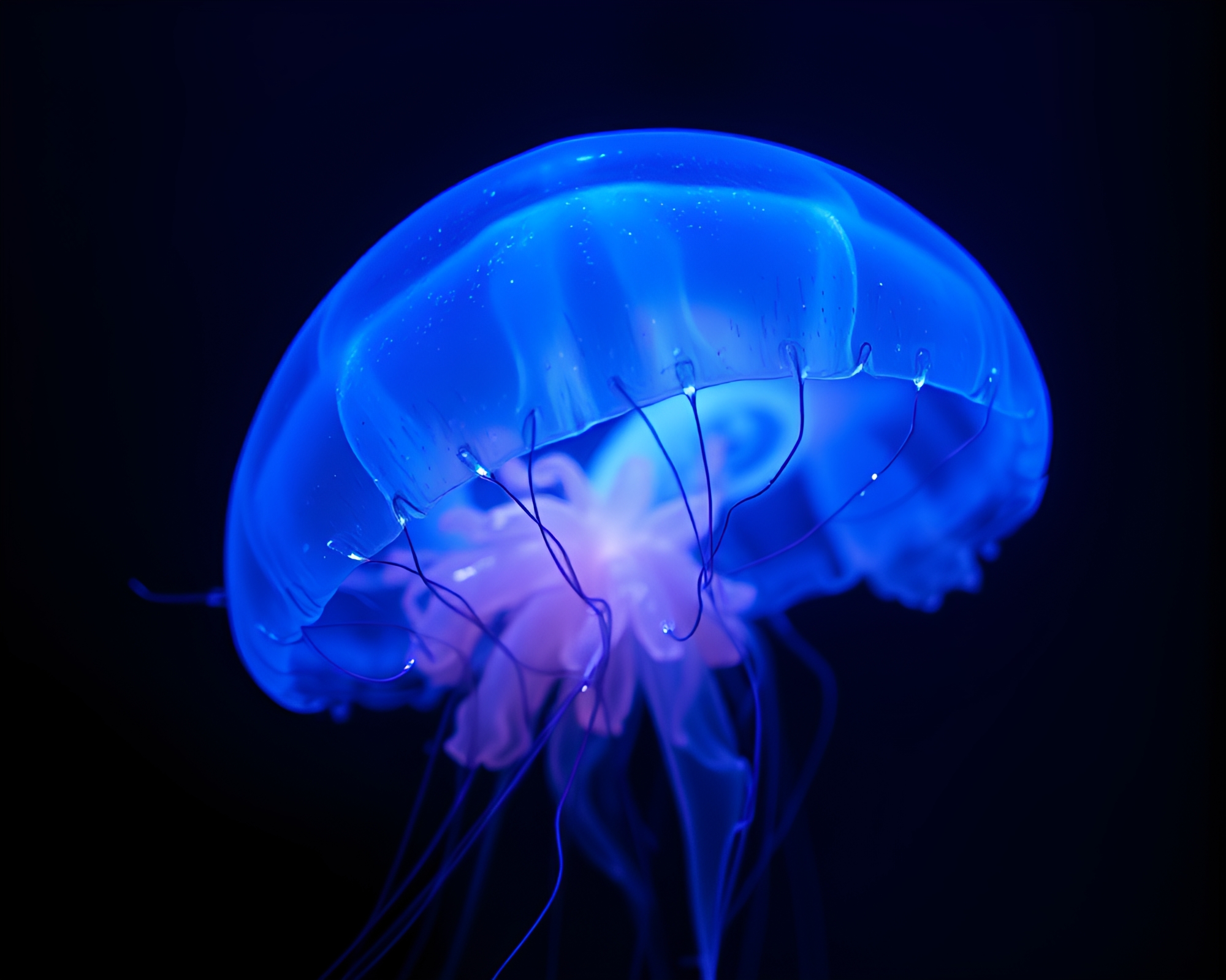Bioluminescent Jellyfish in Mystical Indigo Cave – free AI stock image