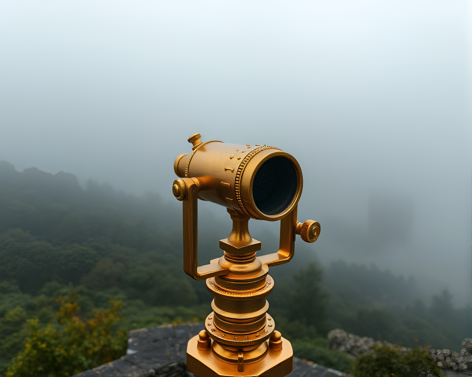 Majestic Brass Telescope in Enigmatic Fractal Fog – free AI stock image