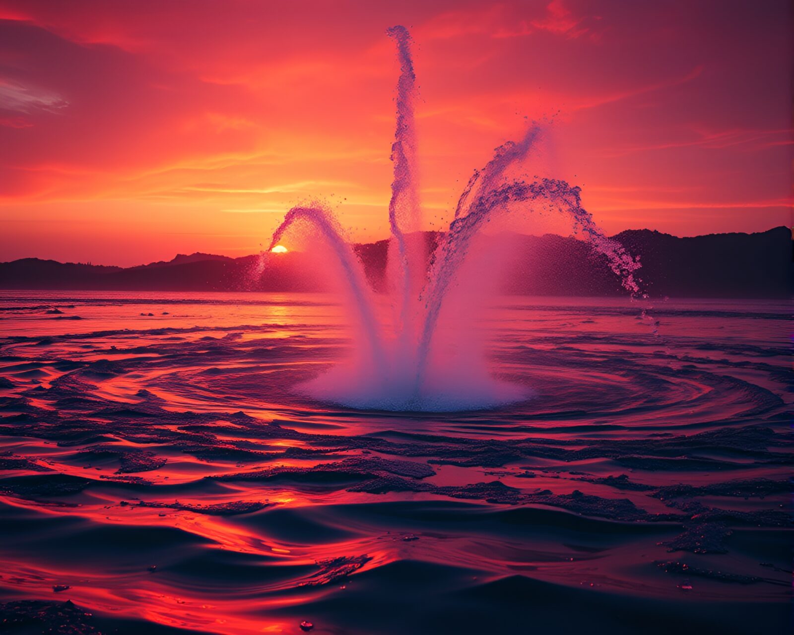 Vibrant divisionism art showing swirling water with glowing laser sword at sunset