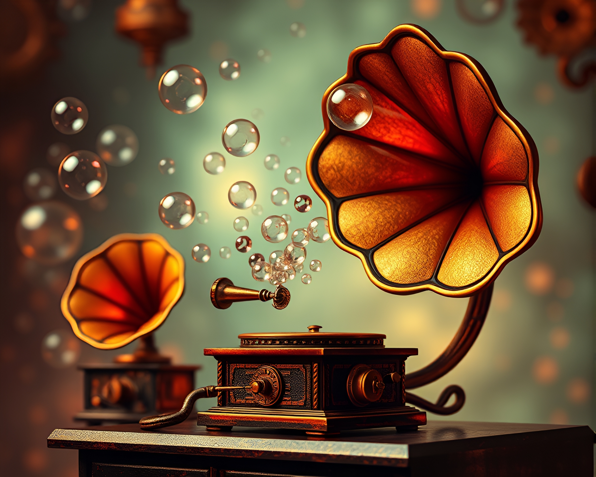 Steampunk Gramophone Amidst Glowing Bubble Clusters – free AI stock image