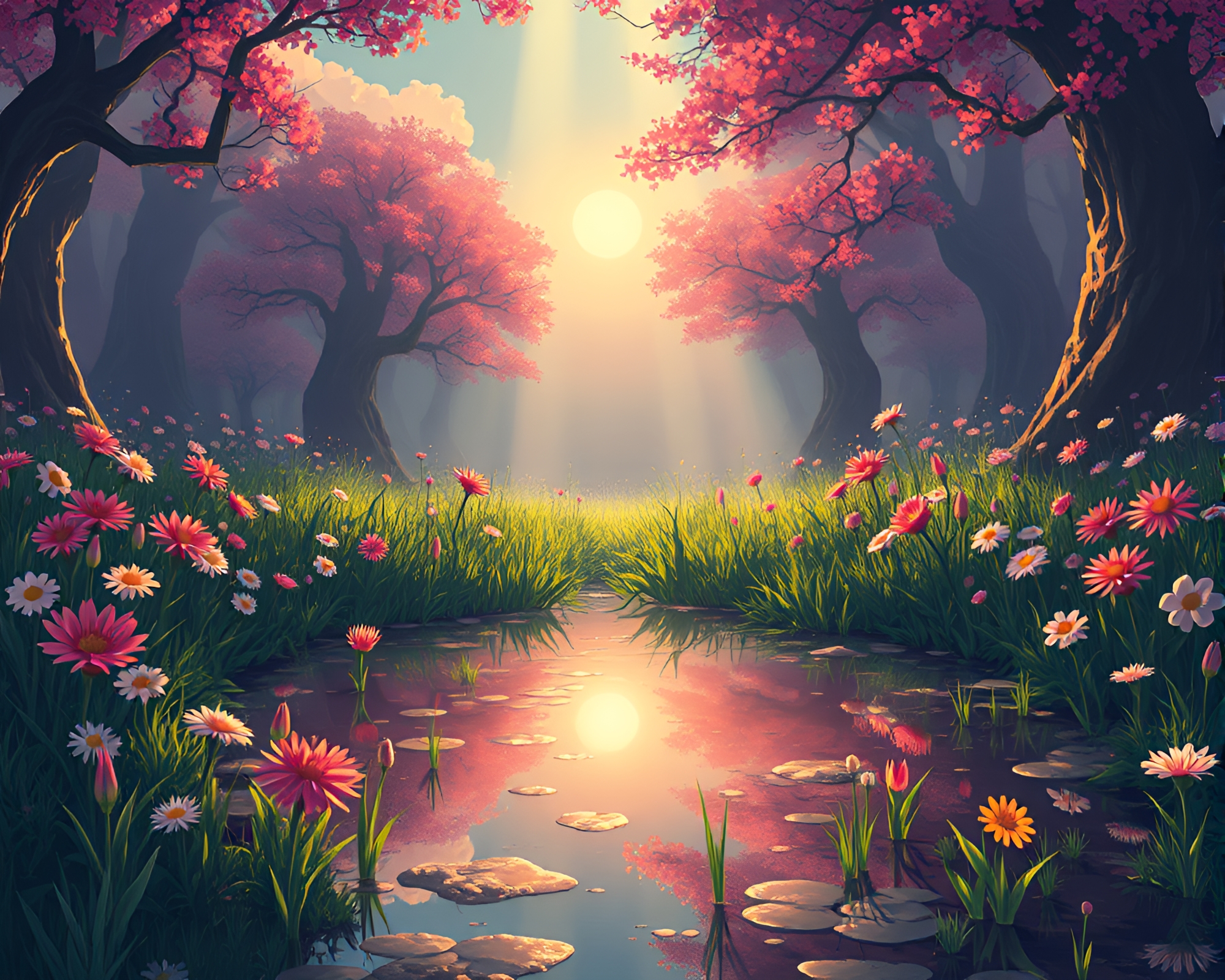 Flowering Meadow Reflection in Dungeon Torchlight – free AI stock image