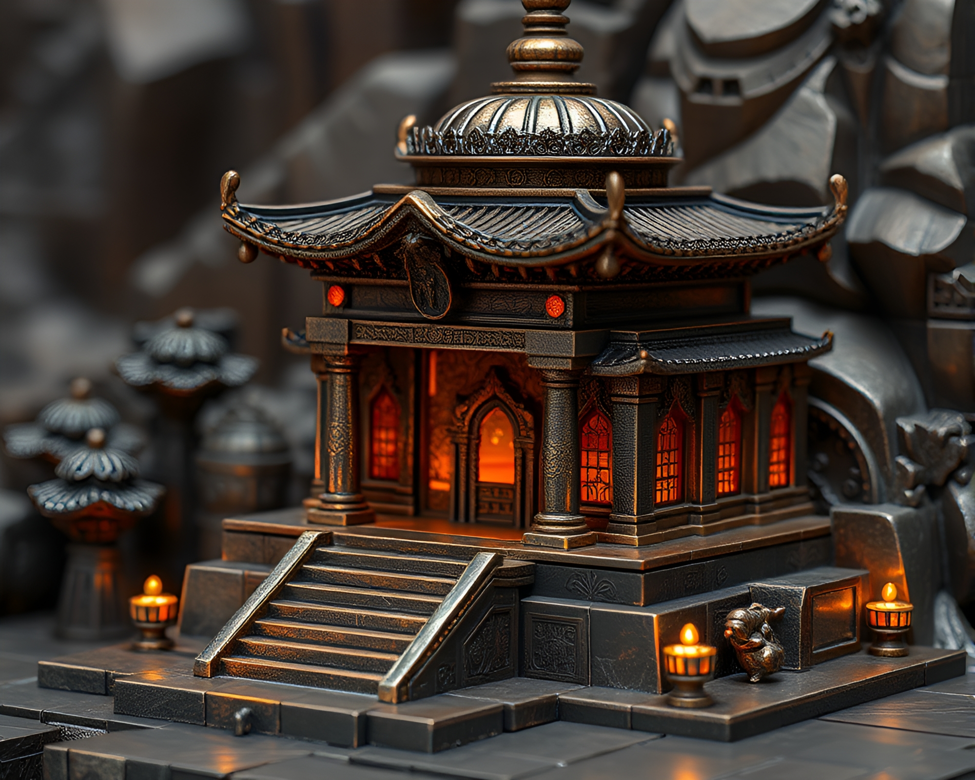 Majestic Temple Bronzed in Voxel Art Close-Up – free AI stock image