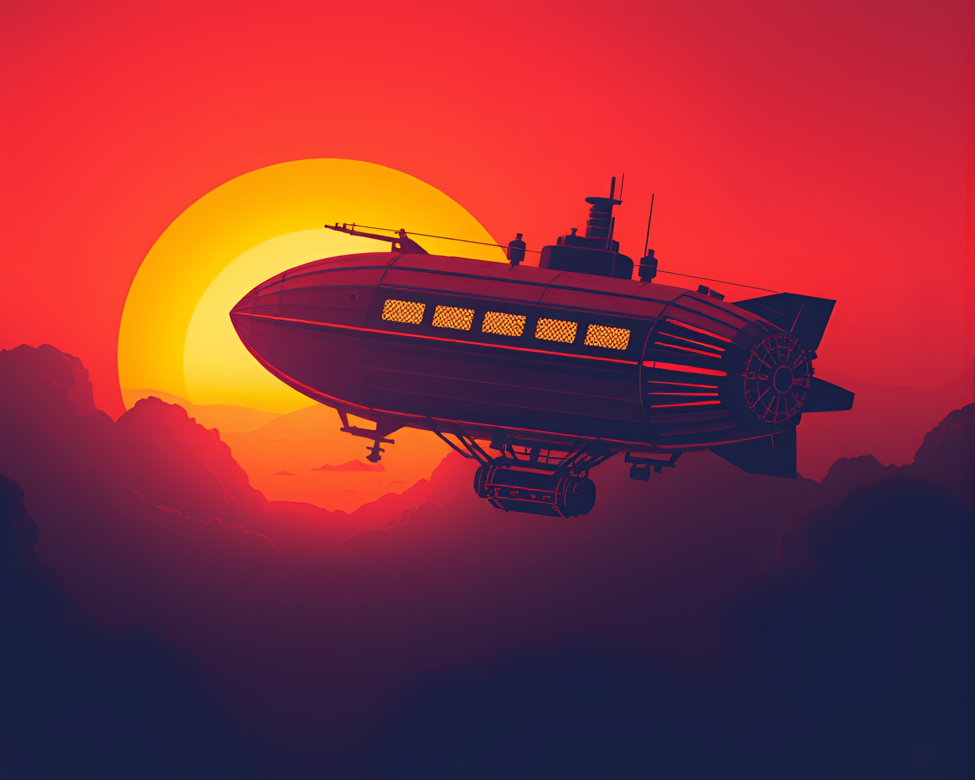 Steampunk Airship at Sunset Vector Halftone Graphic – free AI stock image