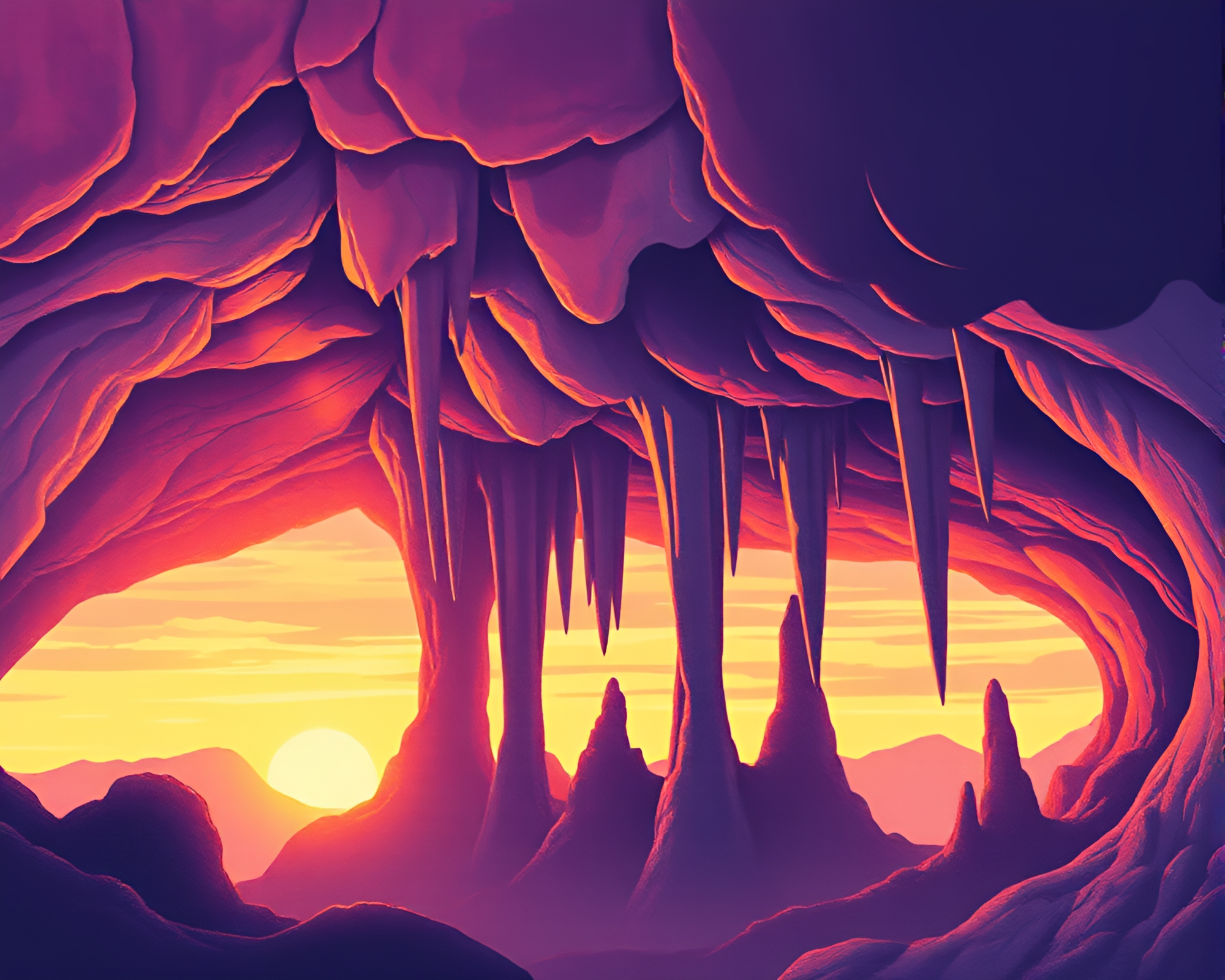 Stunning Vector Sunset Cave Stalactites in Pastel – free AI stock image