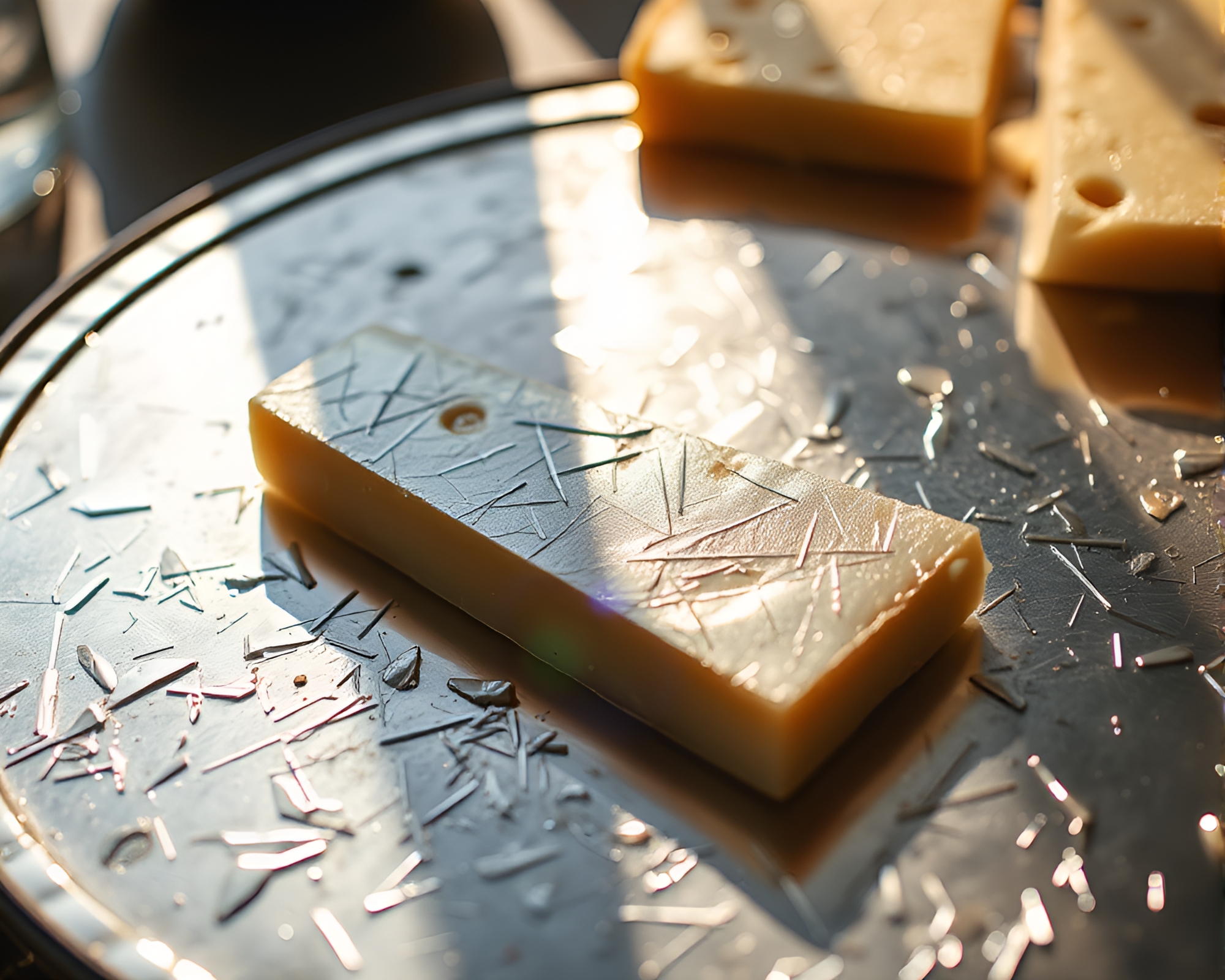 Cheese Platter on Metallic Scratches: Midday Bright Light – free AI stock image