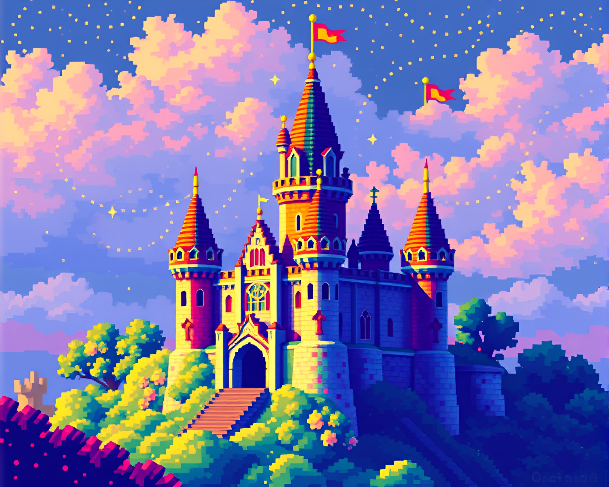 Rainbow Castle in Voxel Pointillism – free AI stock image