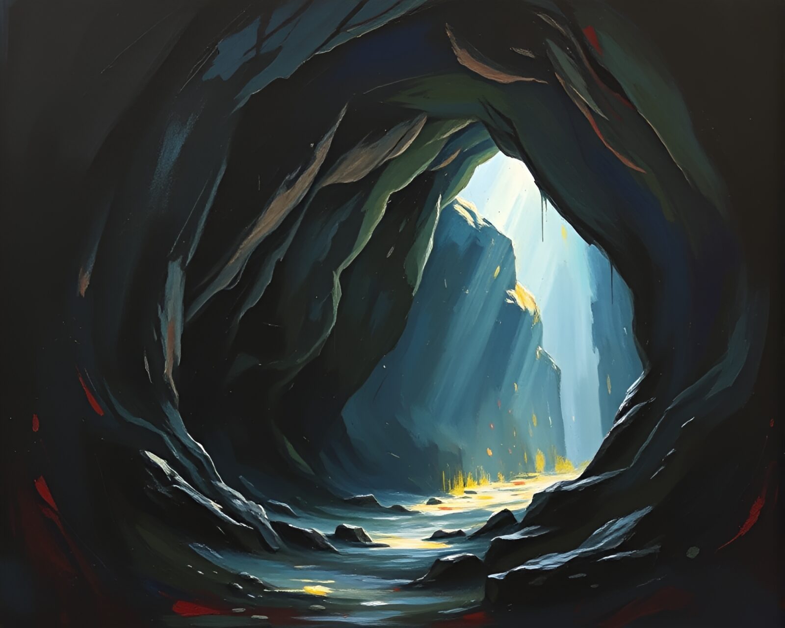 Expressionist painting of person wearing jetpack entering dark cave