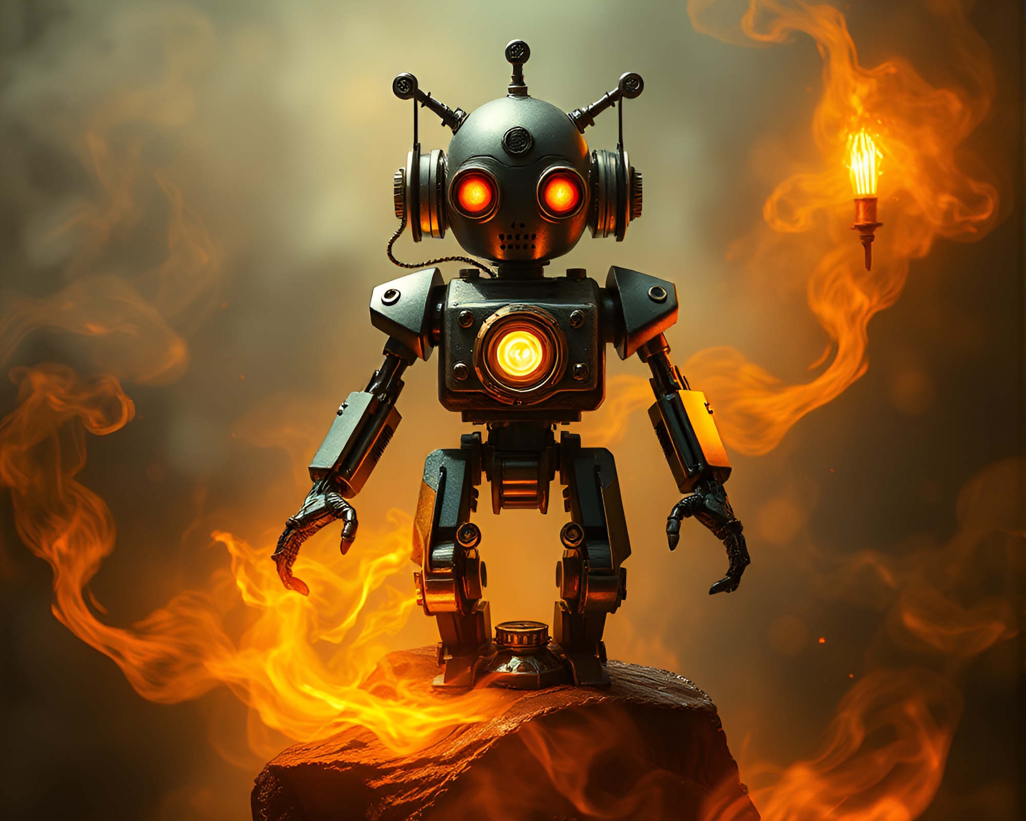 Dystopian Steampunk Robot with Sorcery Glow – free AI stock image