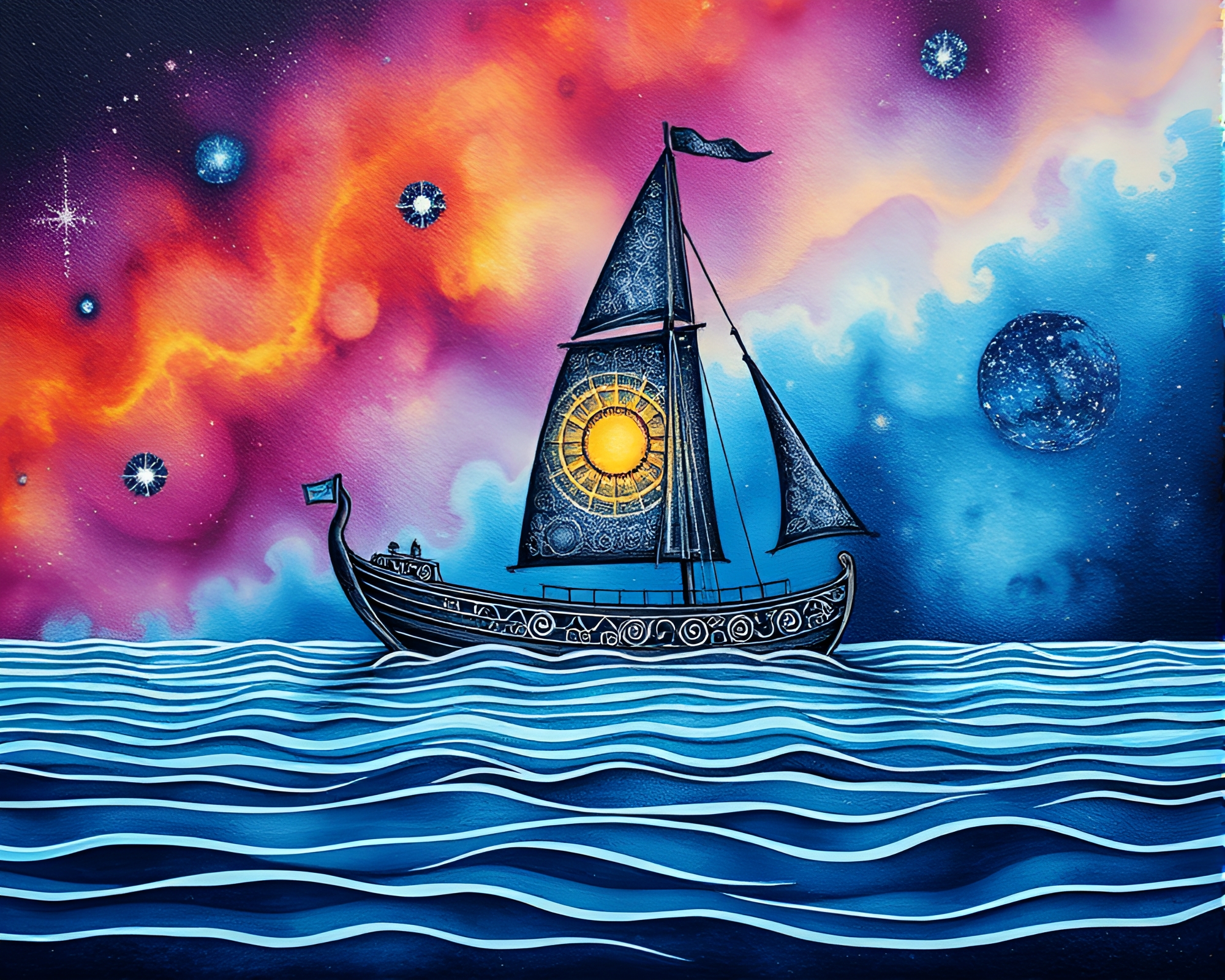 Solar Sailboat in Galaxy Engraving Art – free AI stock image
