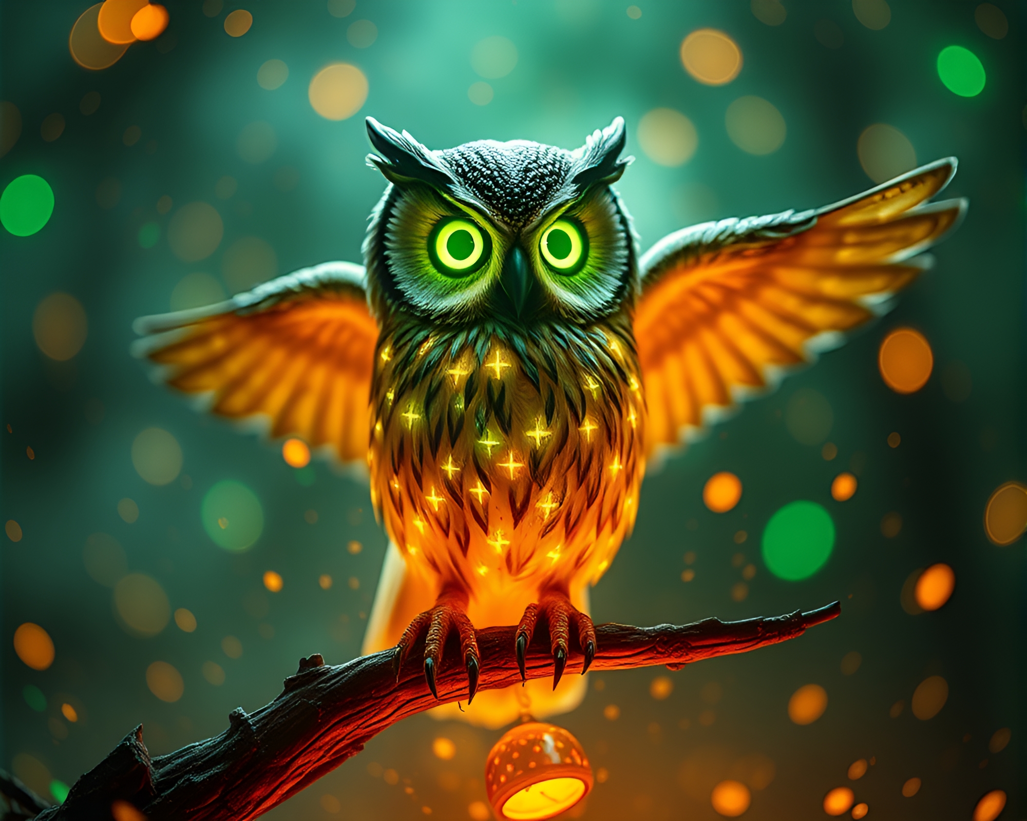 Clockwork Owl Amid Floating Emerald Embers – free AI stock image