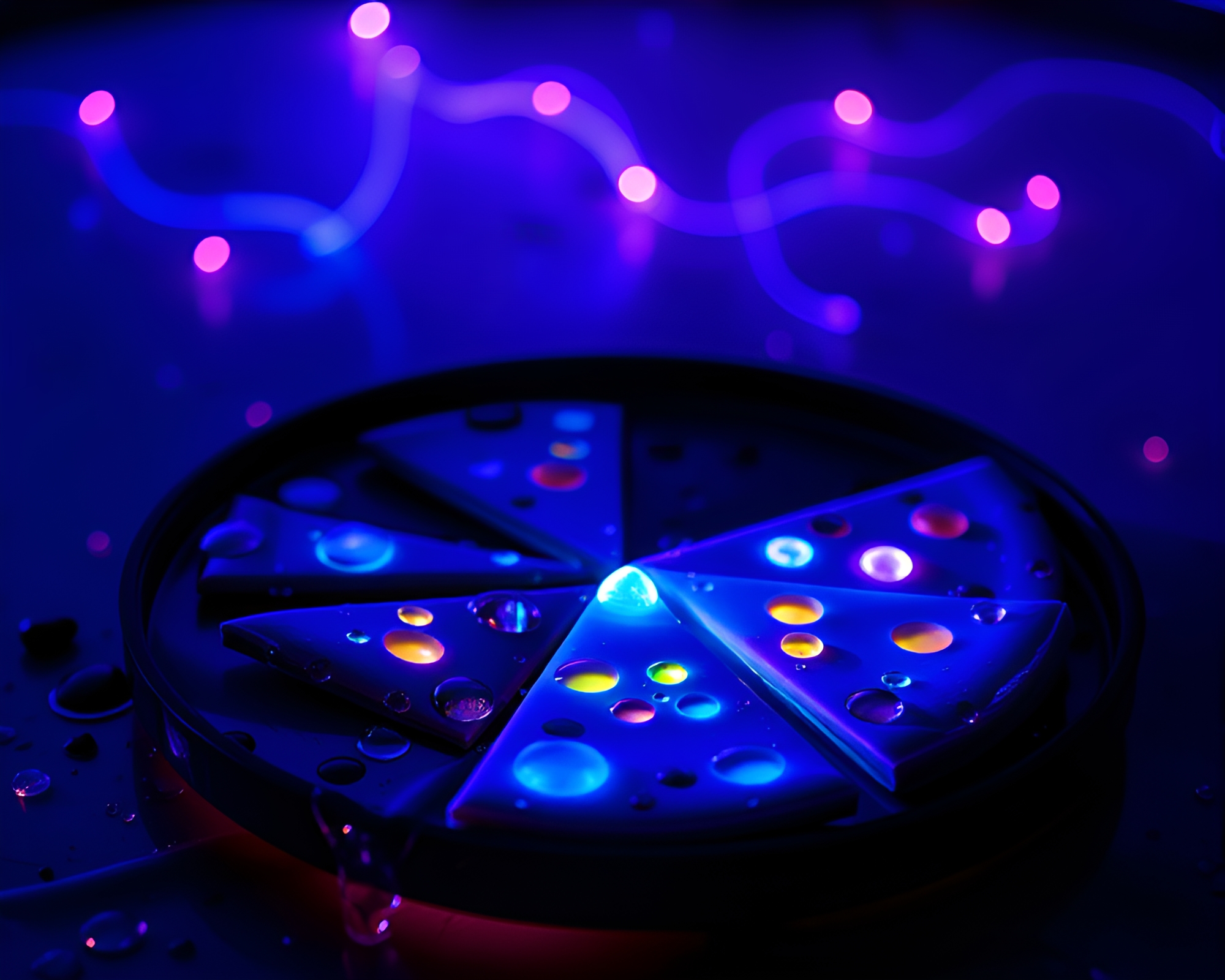 Bioluminescent Cheese Platter with Water Droplets Line Art – free AI stock image