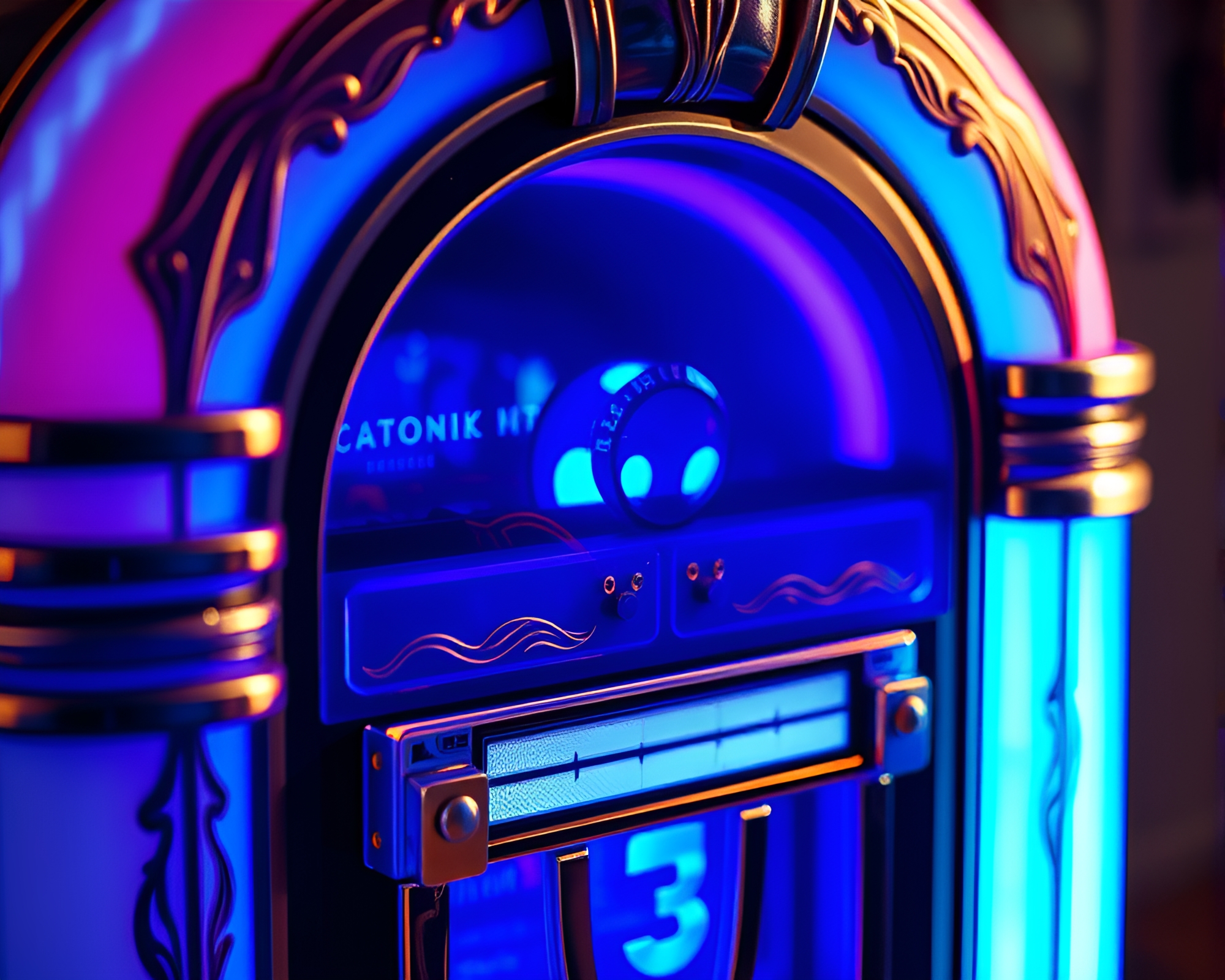 Retro Jukebox Engraved Details in Sapphire-toned Dystopian World – free AI stock image