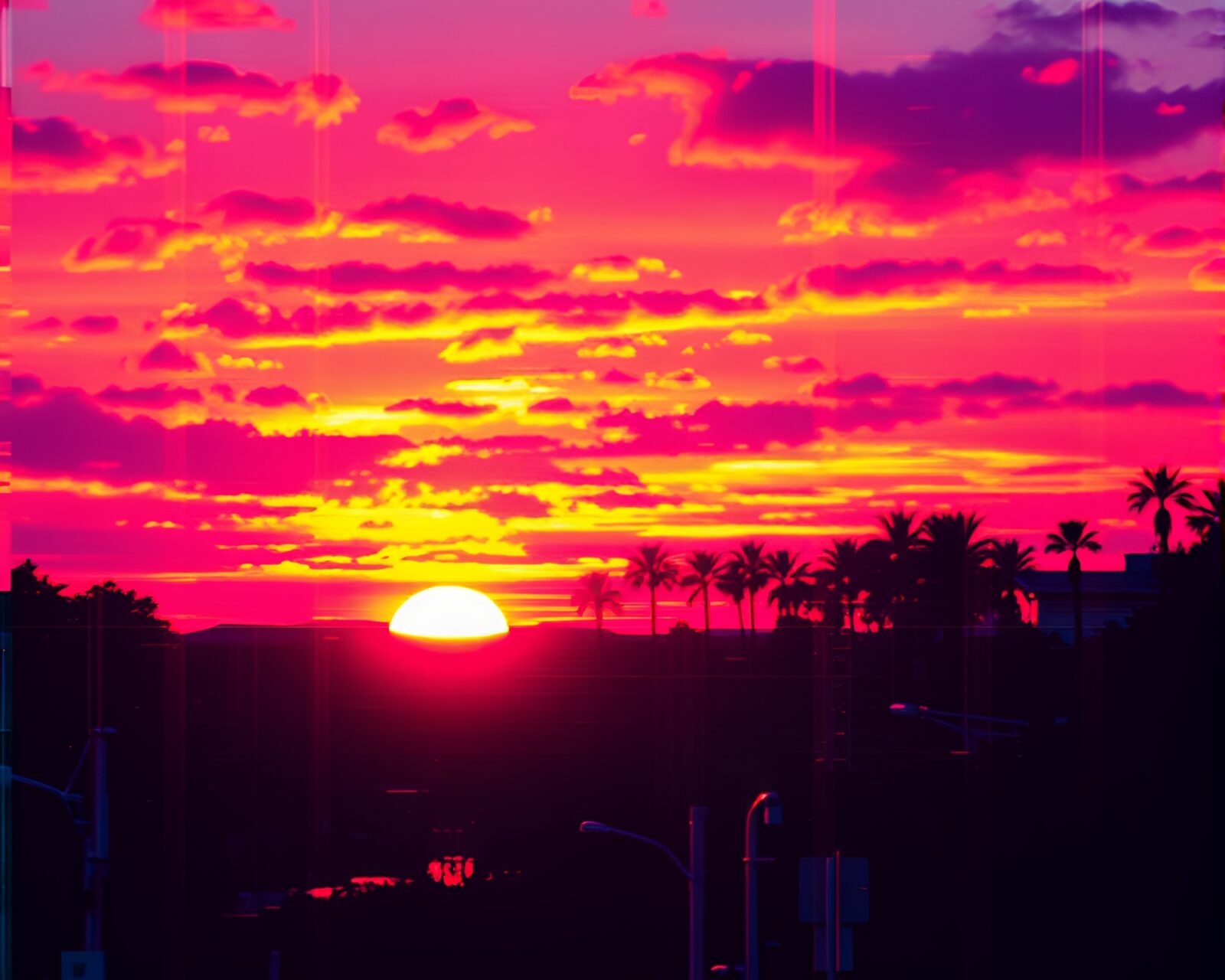 Surreal sunset with glitchy pop art lithograph style