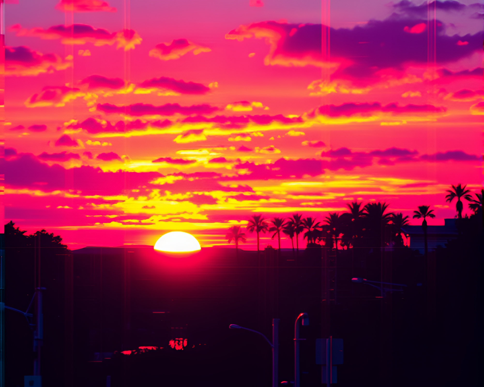 Vaporwave Sunset Glitch Lithography – free AI stock image