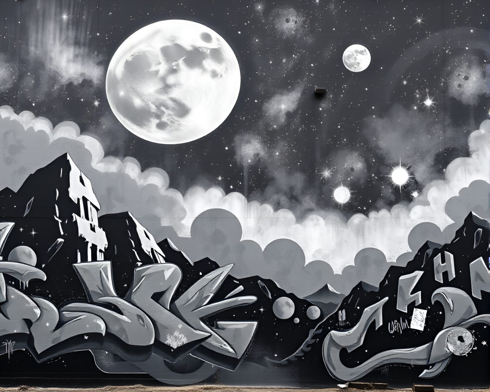 Abstract mural showcasing celestial nebula in grayscale tones