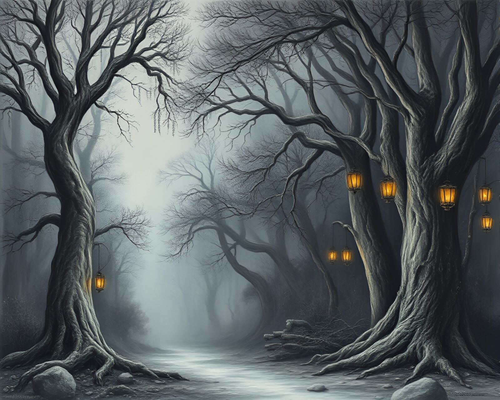 A mystical ancient forest depicted in chalk with a bronze sheen