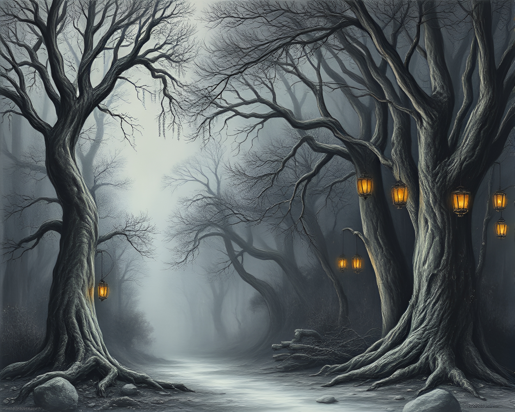 Bronze Sheen in Ancient Grove: Chalk Drawing Masterpiece – free AI stock image