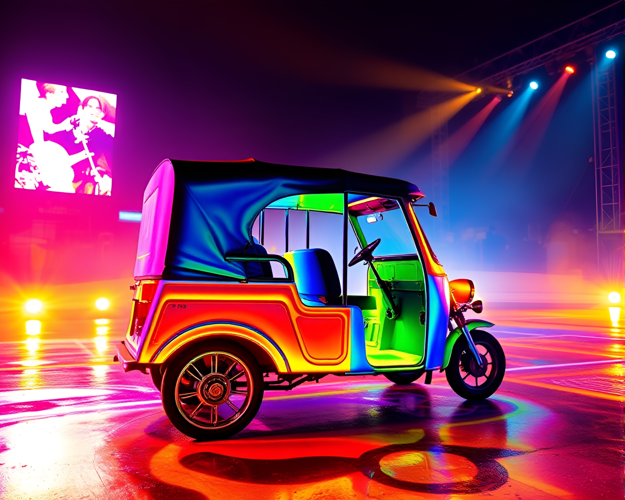 Rickshaw Ride under Oil Slick Rainbow Concert Lights – free AI stock image