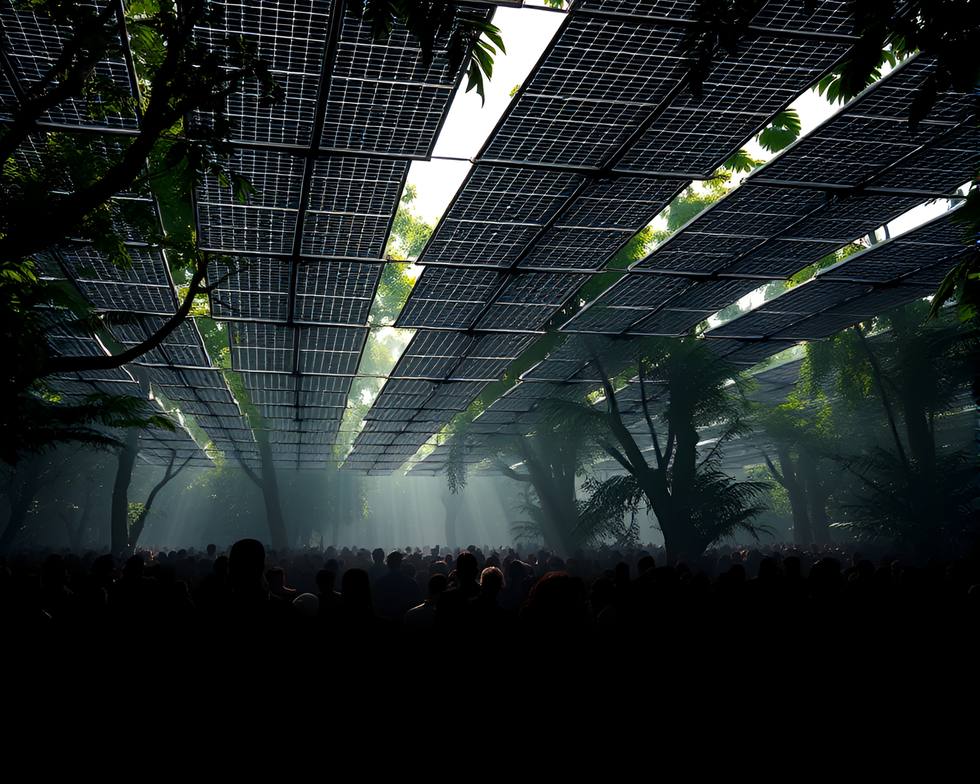 Dystopian Crowd Silhouette Under Solar Canopy – free AI stock image