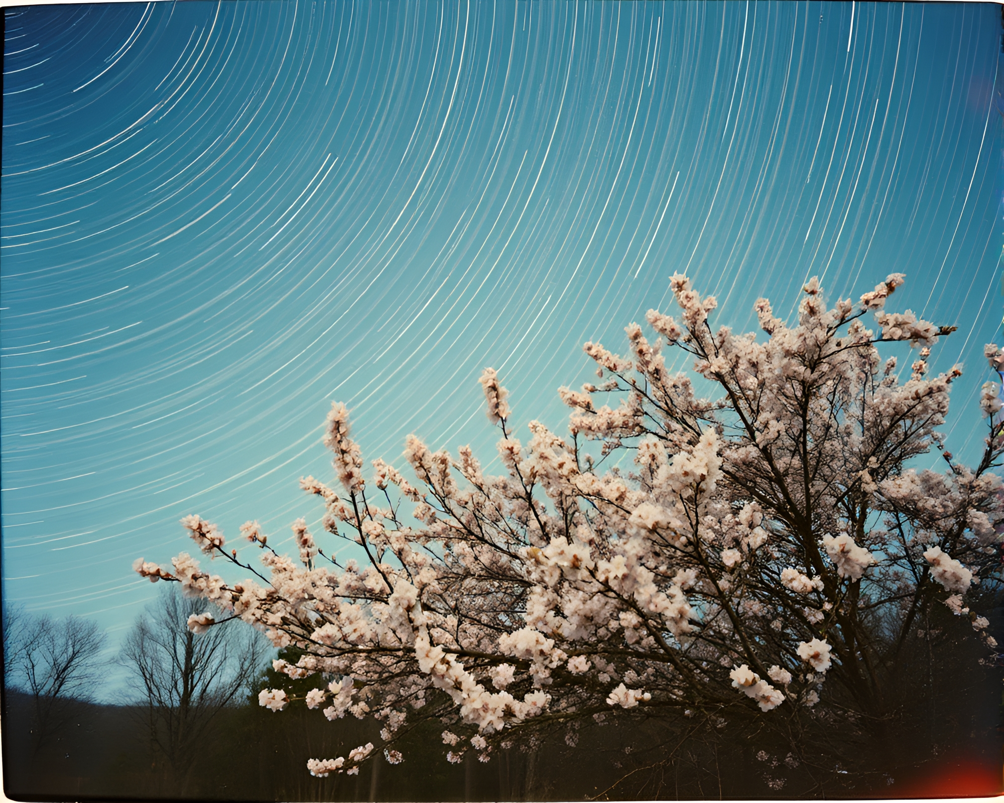 Star Trails Through Spring Blossom in Vintage Tenebrism – free AI stock image