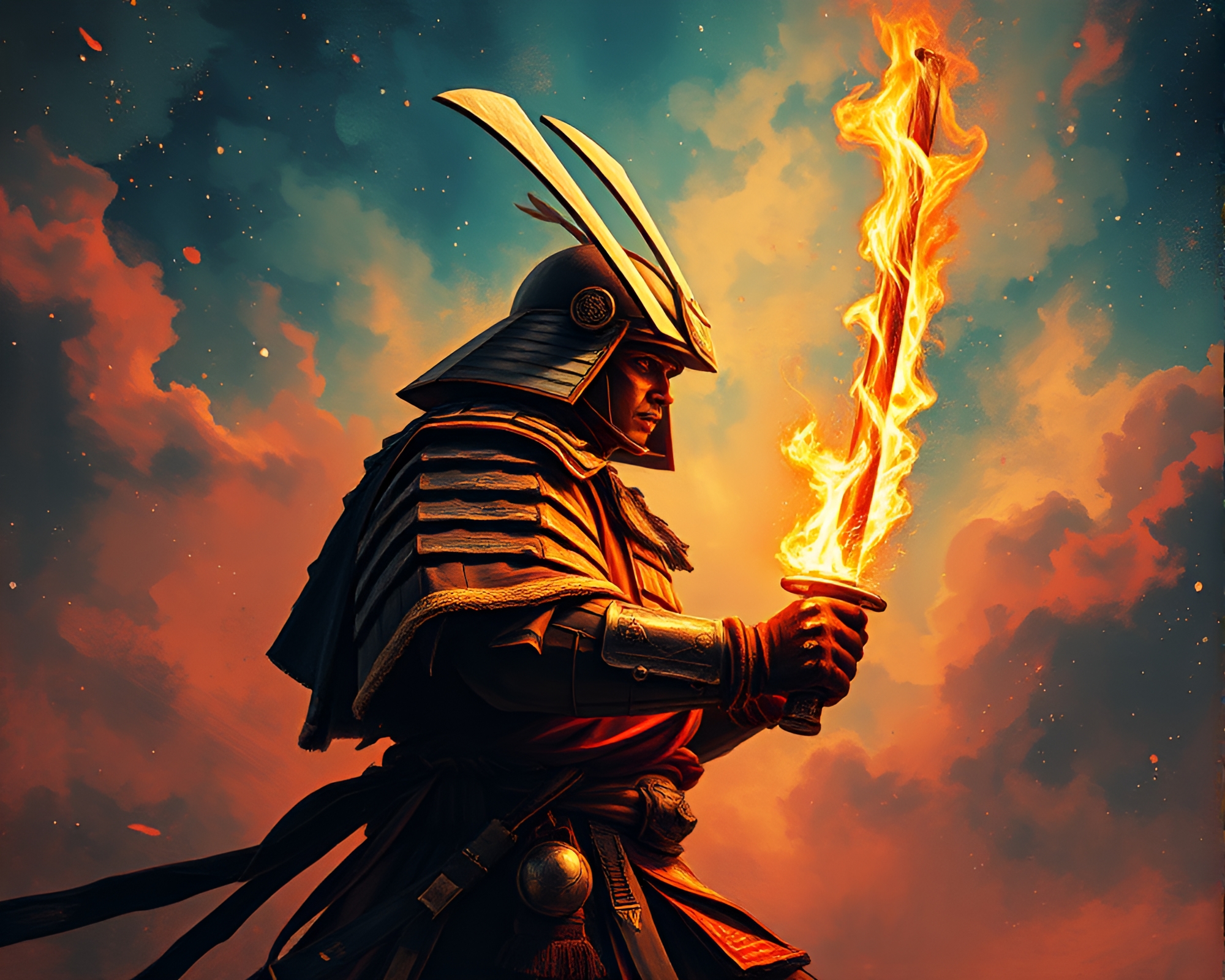 Samurai warrior under starlit sky in expressionist painting – free AI stock image