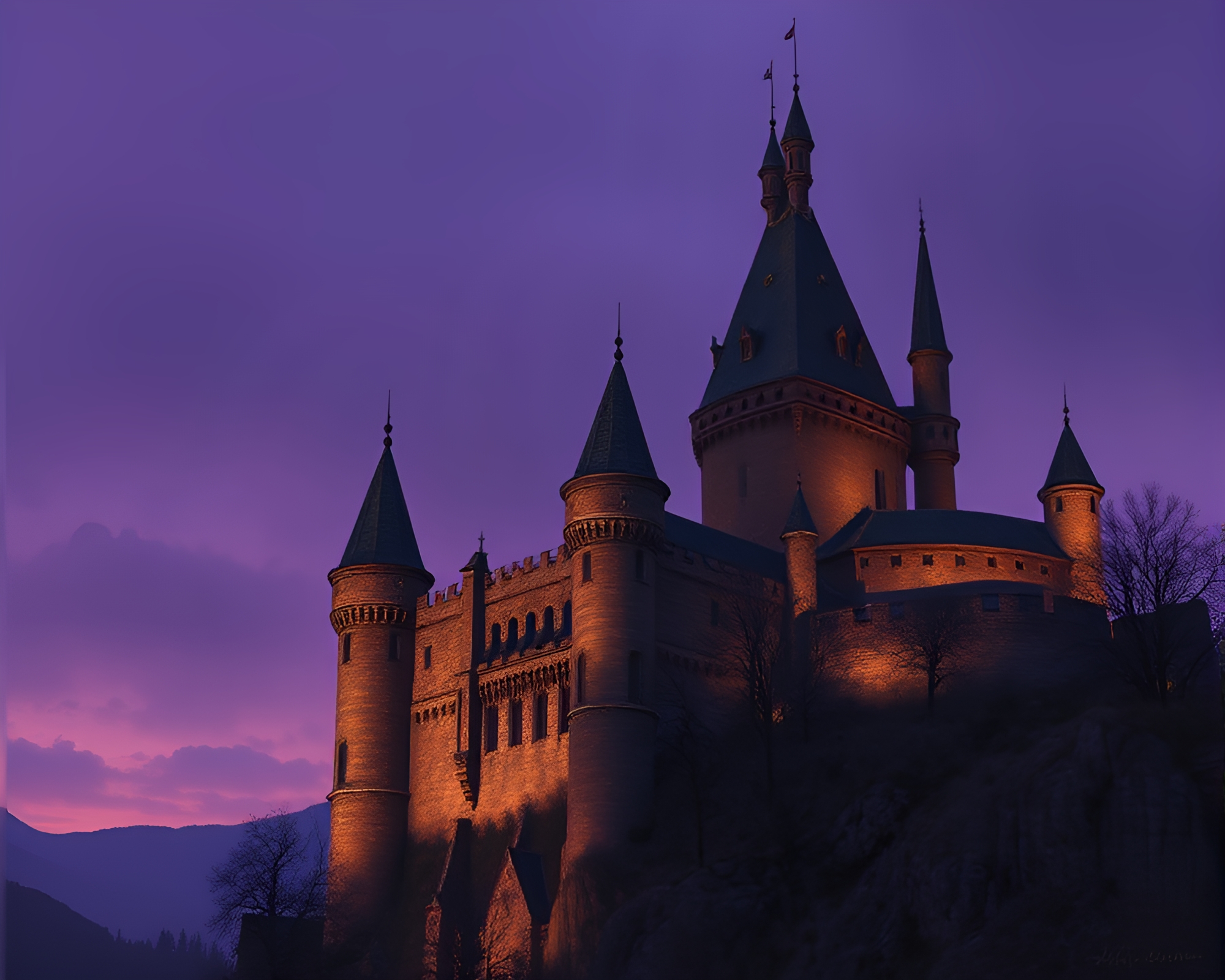 Twilight Castle with Bronze Patina Glowing in the Purple Haze – free AI stock image