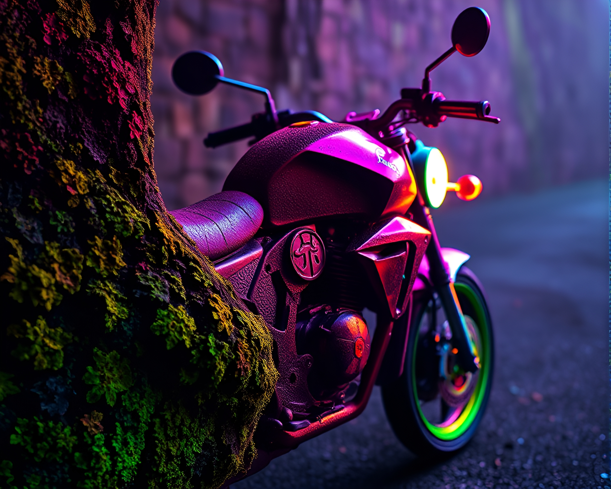 Neon Motorcycle Glows in Rainbow Lichen Forest – free AI stock image