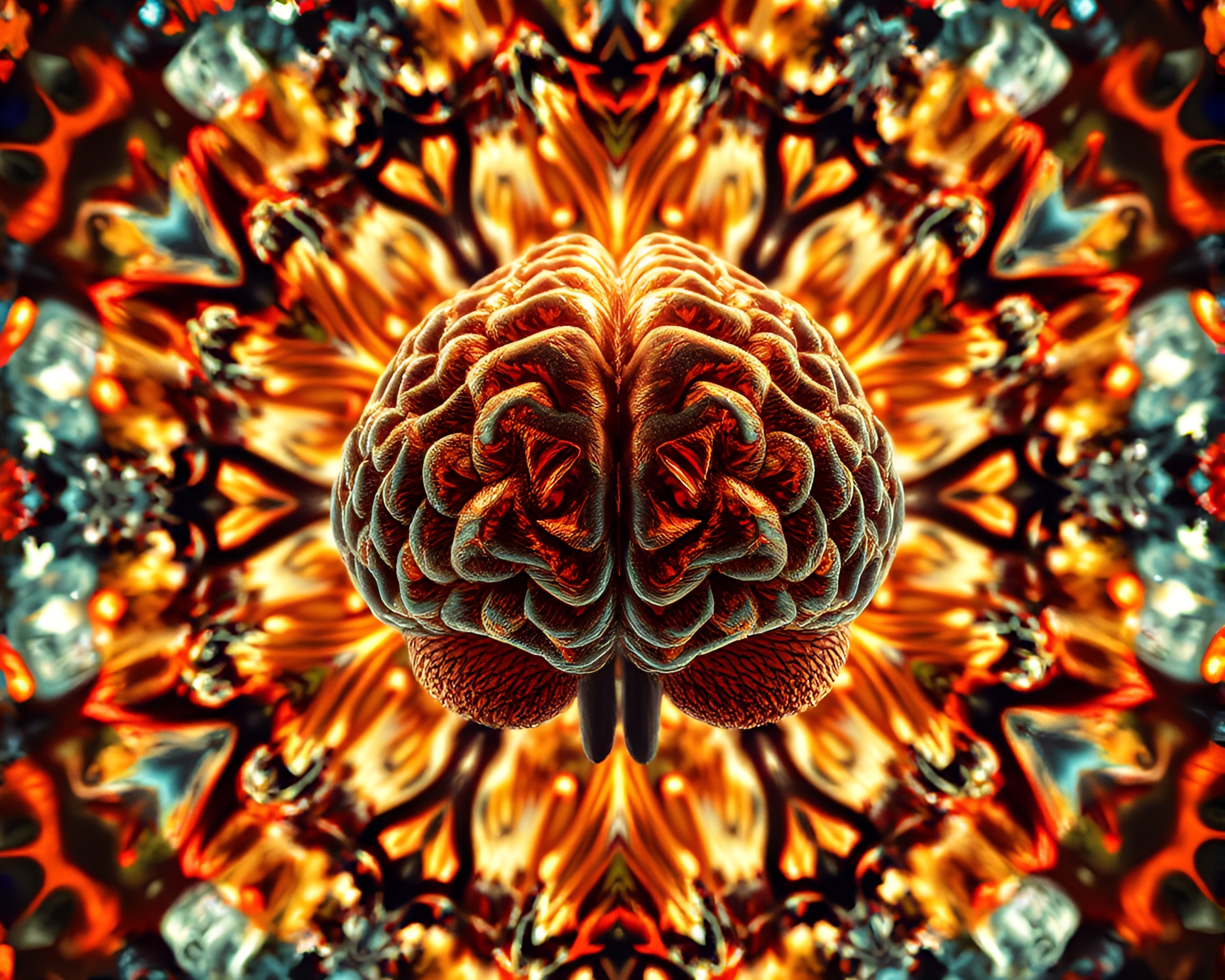AI Brain in Kaleidoscope Stereograph Illuminated by Golden Light – free AI stock image