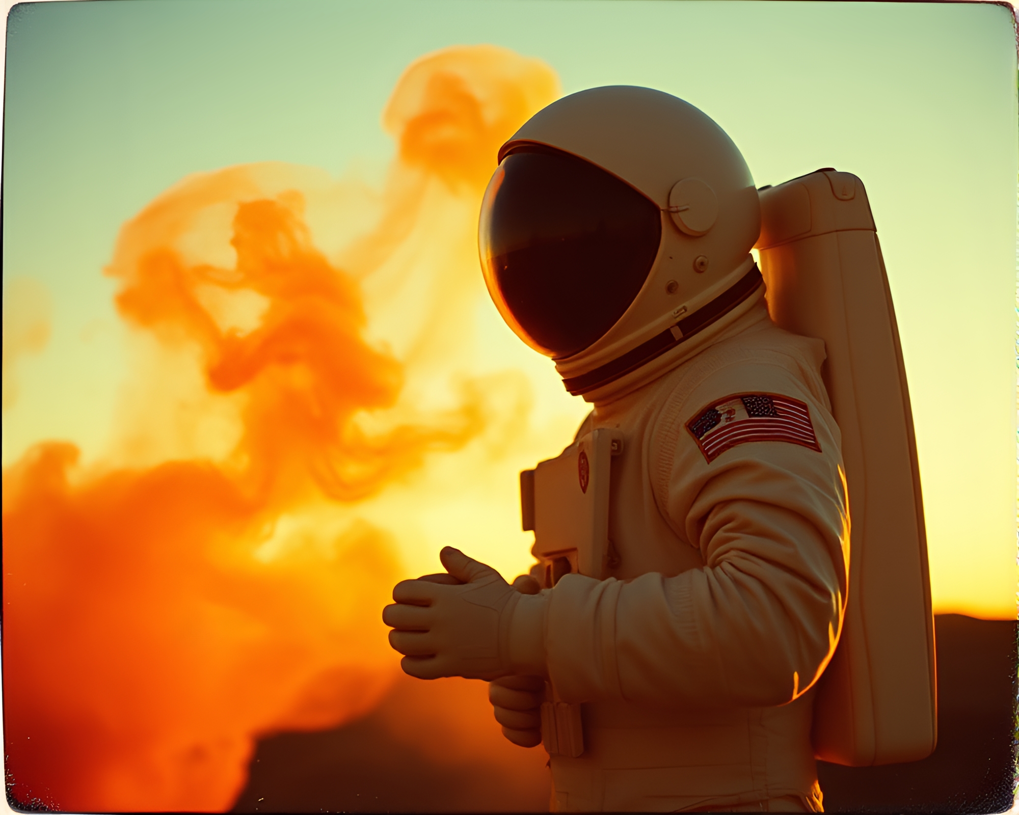 Astronaut surrounded by swirling smoke plume in golden light – free AI stock image