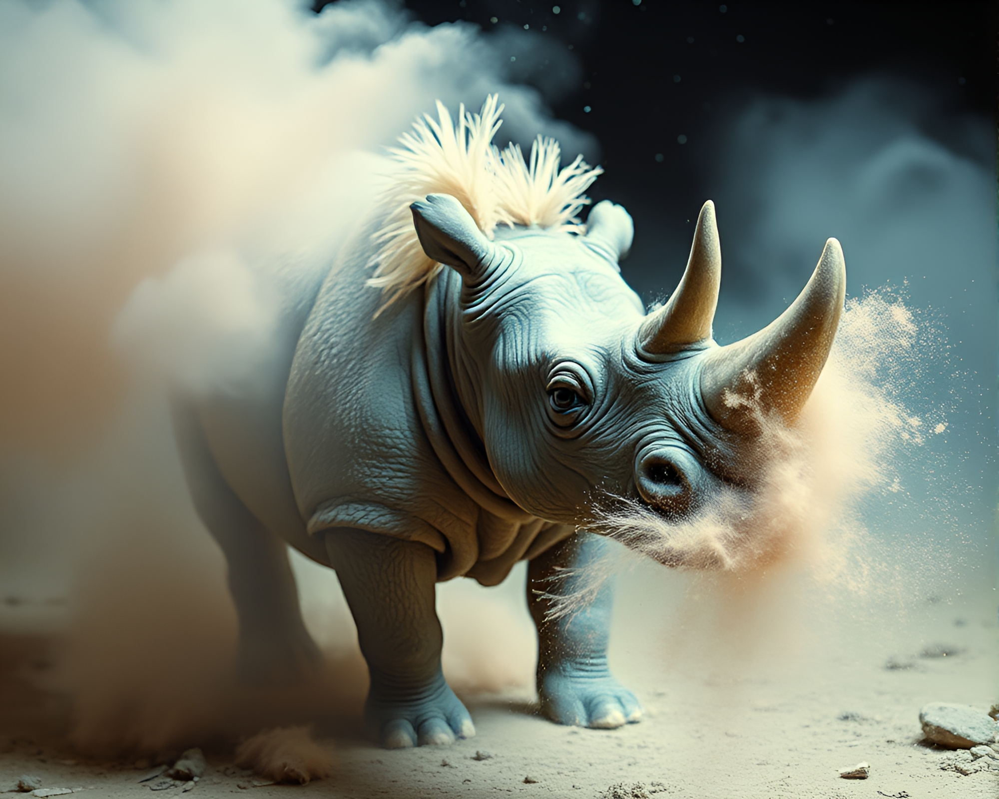 Rhinoceros Feather Dusting on Pastel Planetary Landscape – free AI stock image