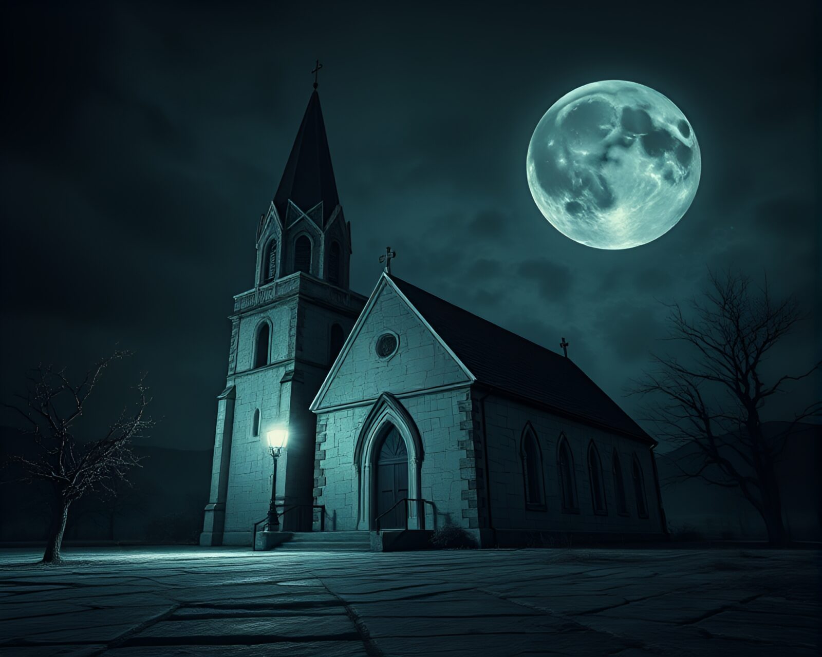 A haunting Banshee standing on cracked earth in candlelit church
