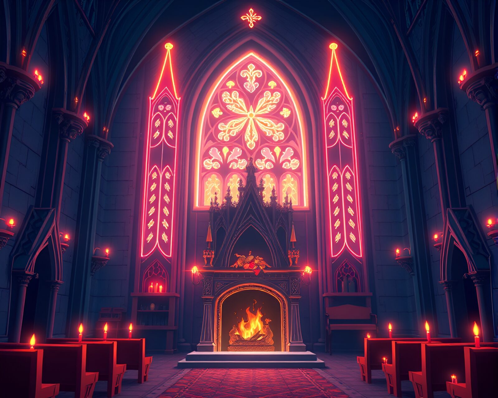 Children's book illustration of a glowing cathedral at night