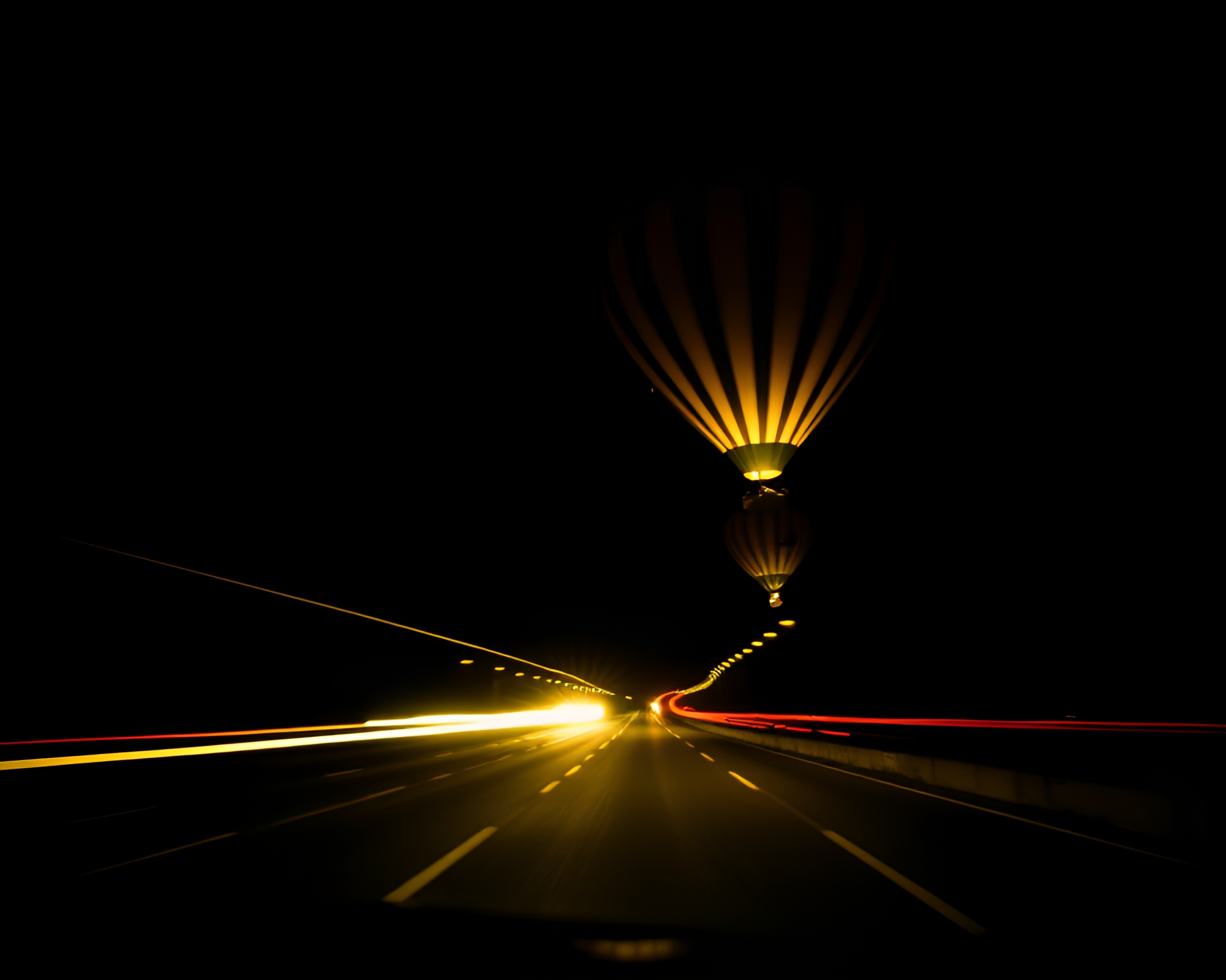 Surreal Hot Air Balloon Car Light Trail Adventure – free AI stock image