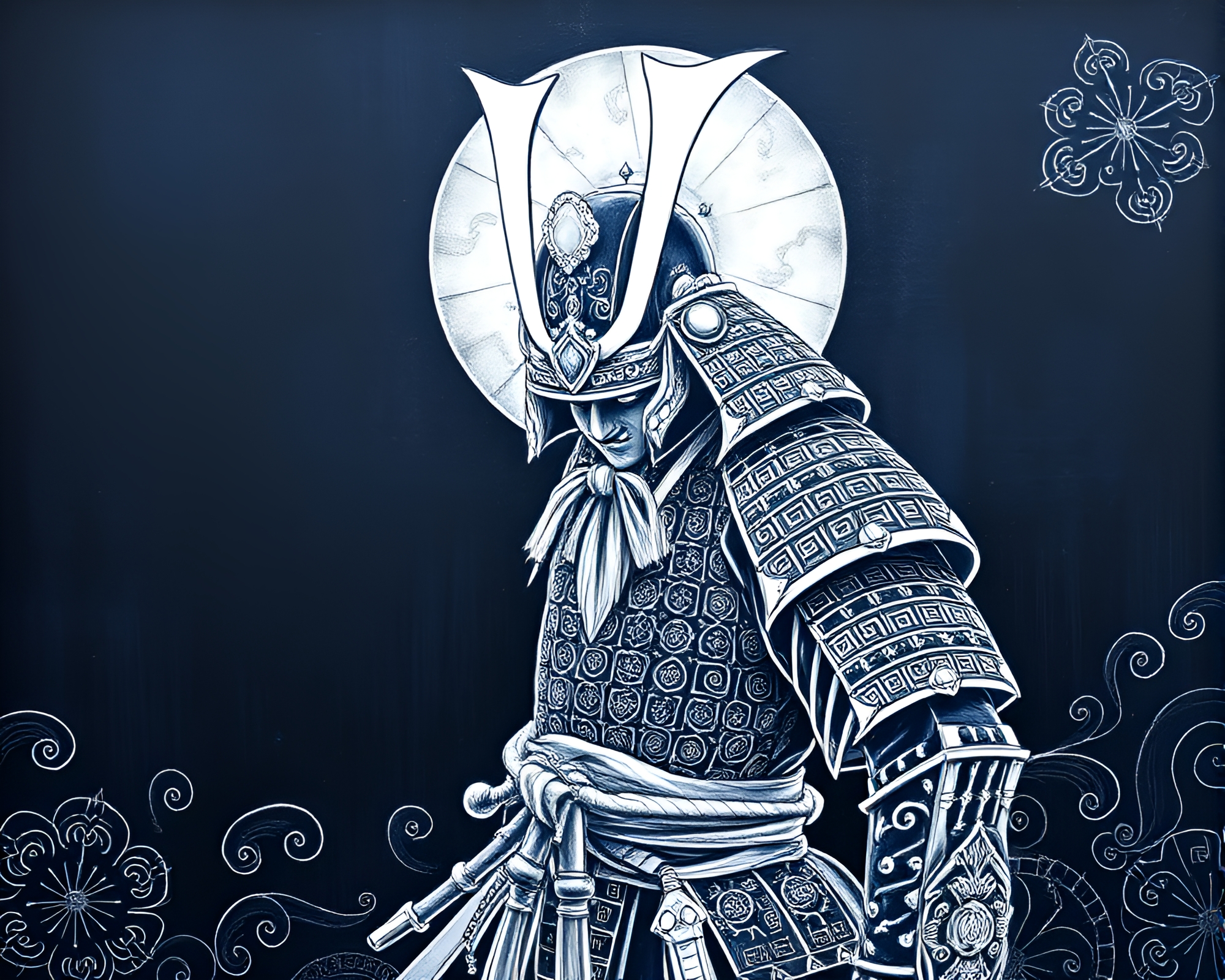 Samurai Warrior in Intricate Monochrome Blue Composition – free AI stock image