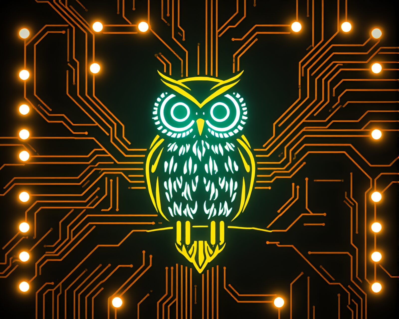 Digital owl in library lamp light with circuit patterns