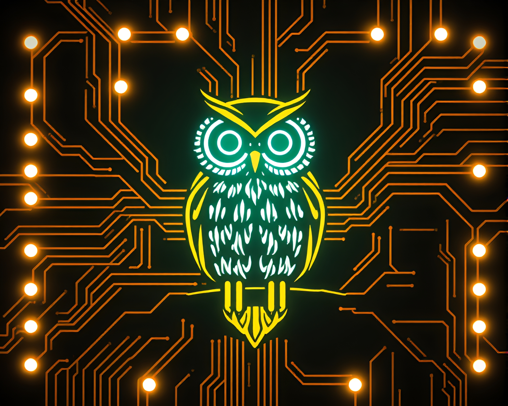 8-Bit Owl Illuminated by Circuit Board Traces – free AI stock image