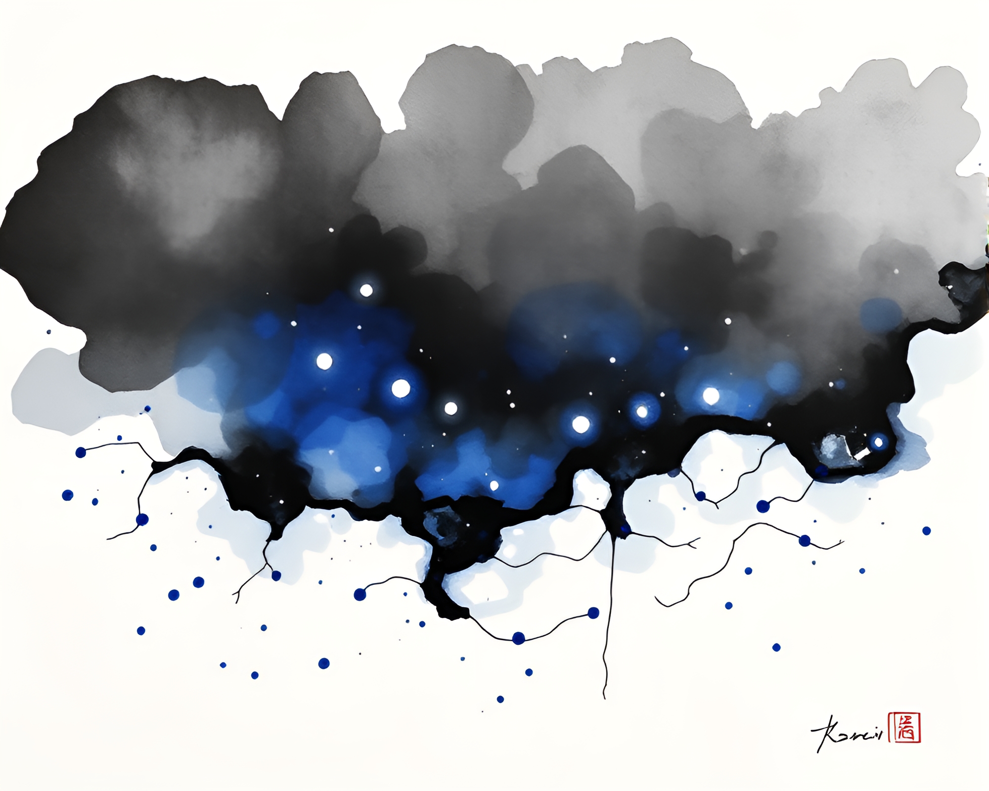 Floating Embers: Monochrome Ink Calligraphy with Cobalt Blue Accents – free AI stock image